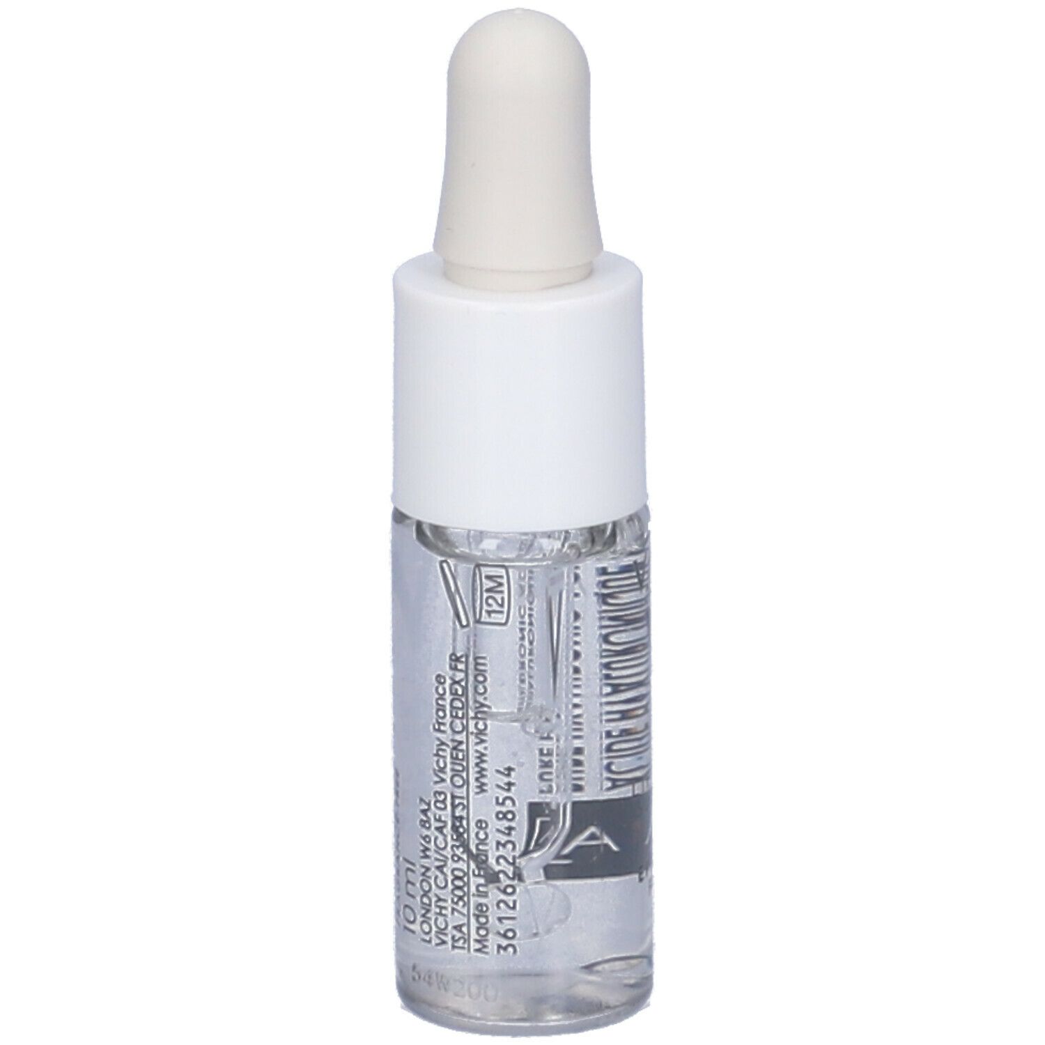 Flacone trasparente con tappo e pipetta bianchi. Scritte: 10 ml, 12M. Ingredienti visibili.
