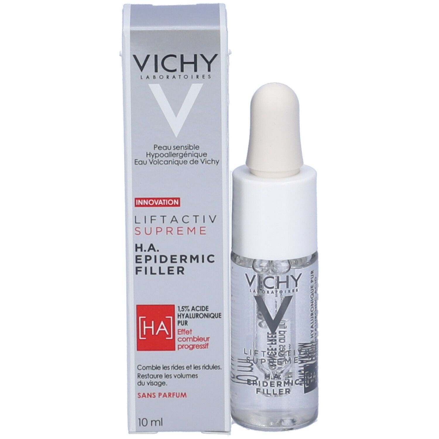 Prodotto con confezione. Flacone con pipetta e scatola. Scritte: VICHY, LIFTACTIV SUPREME, Epidermic Filler, 10 ml.