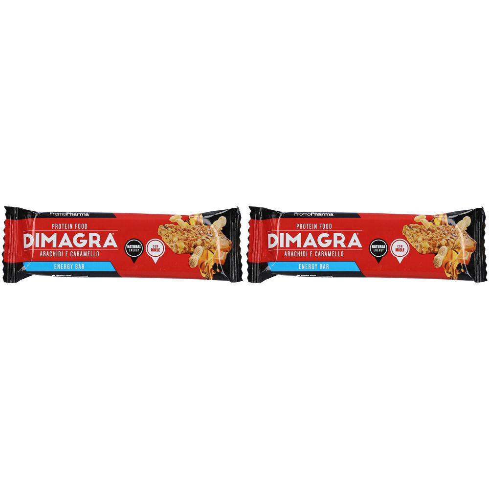 Due barrette energetiche Dimagra confezionate. Confezione rossa con nome del prodotto e immagine di arachidi e caramello.