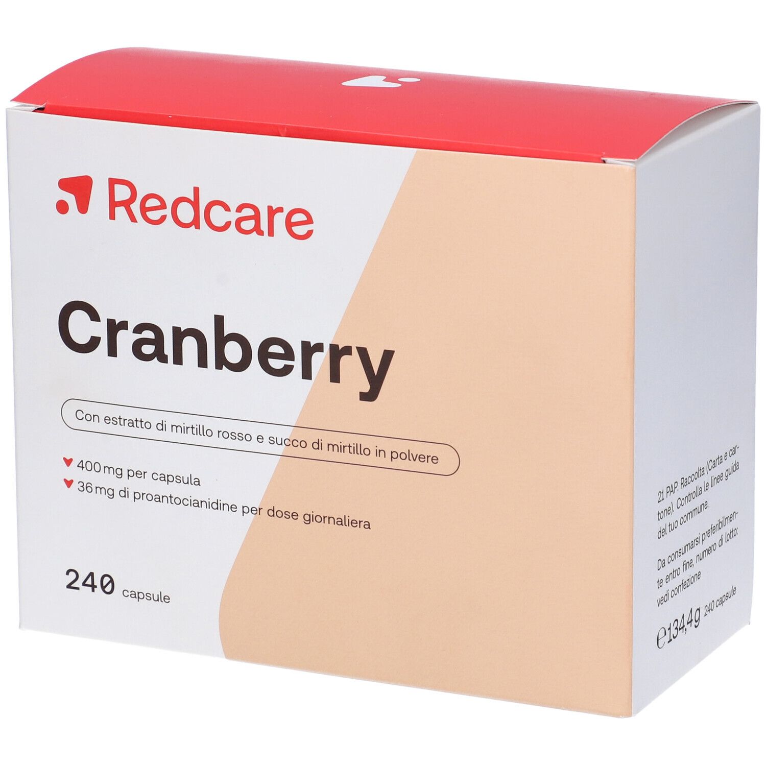 Scatola Redcare Cranberry. Scritta Cranberry, 240 capsule. Contiene estratto di mirtillo rosso.