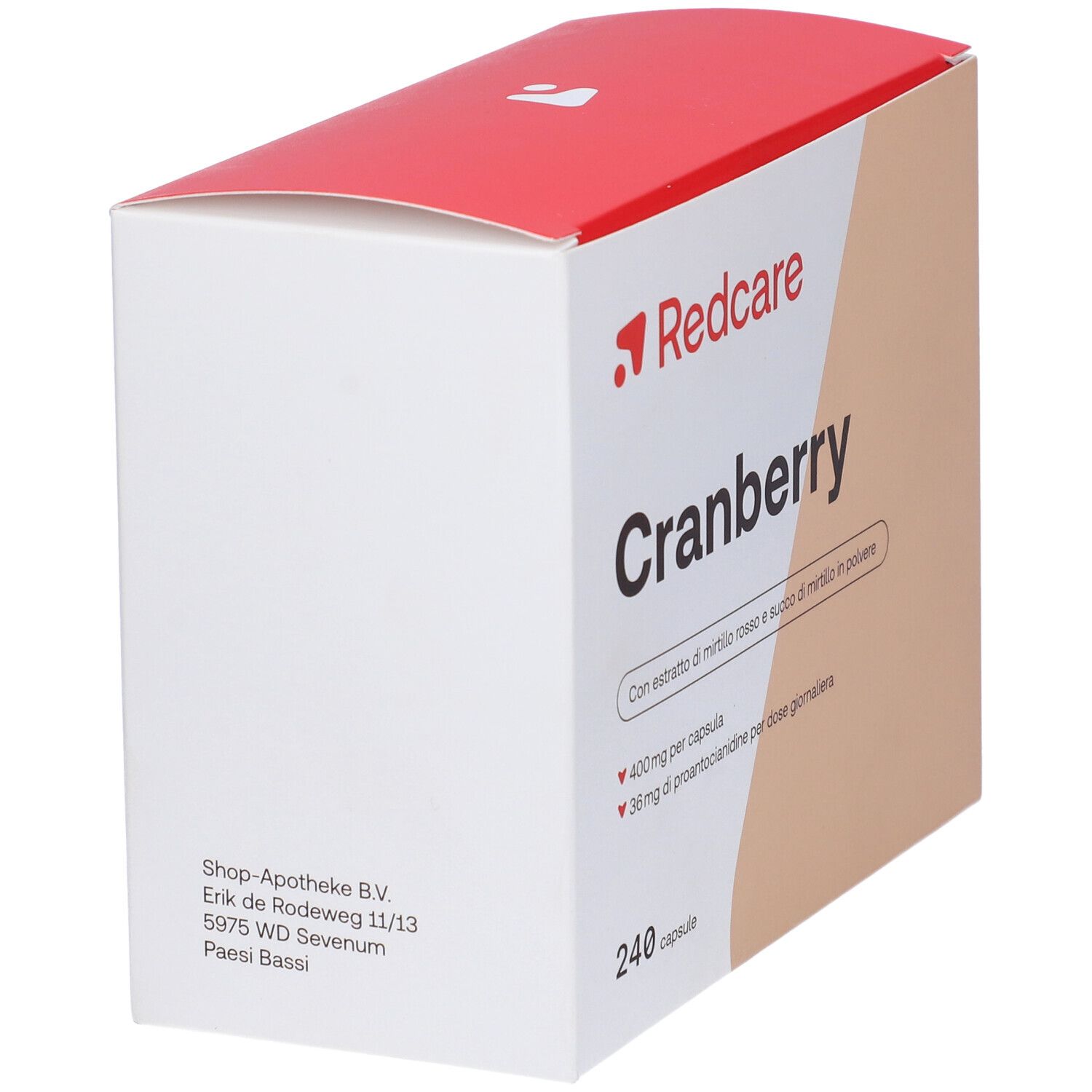Scatola Redcare Cranberry. Scritta Cranberry, 240 capsule. Contiene estratto di mirtillo rosso.