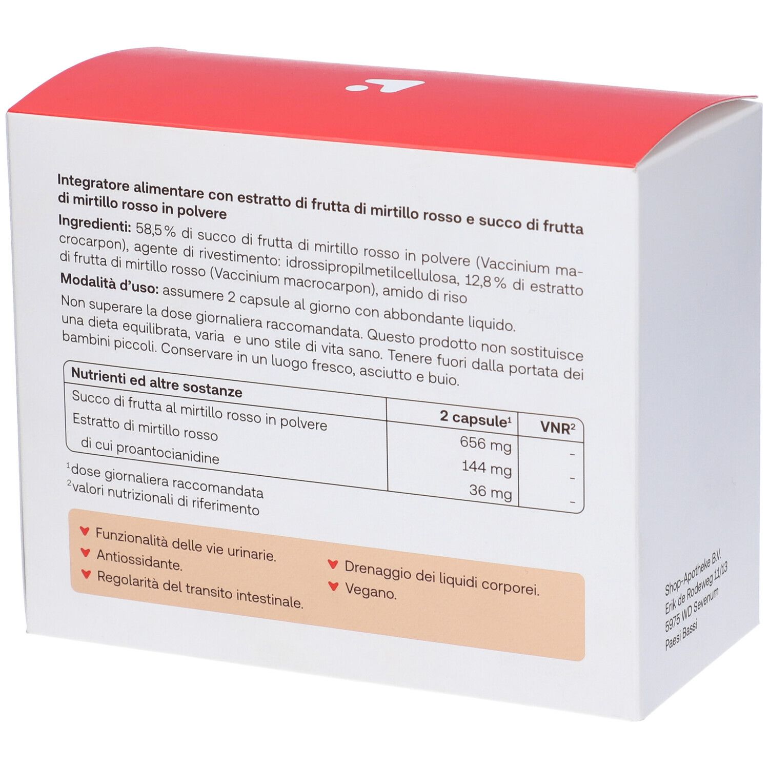 Retro confezione Redcare Cranberry. Contiene informazioni su ingredienti e dosaggio.