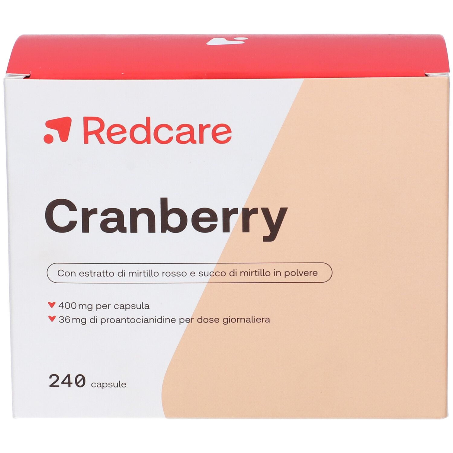 Scatola Redcare Cranberry. Scritta Cranberry, 240 capsule. Contiene estratto di mirtillo rosso.