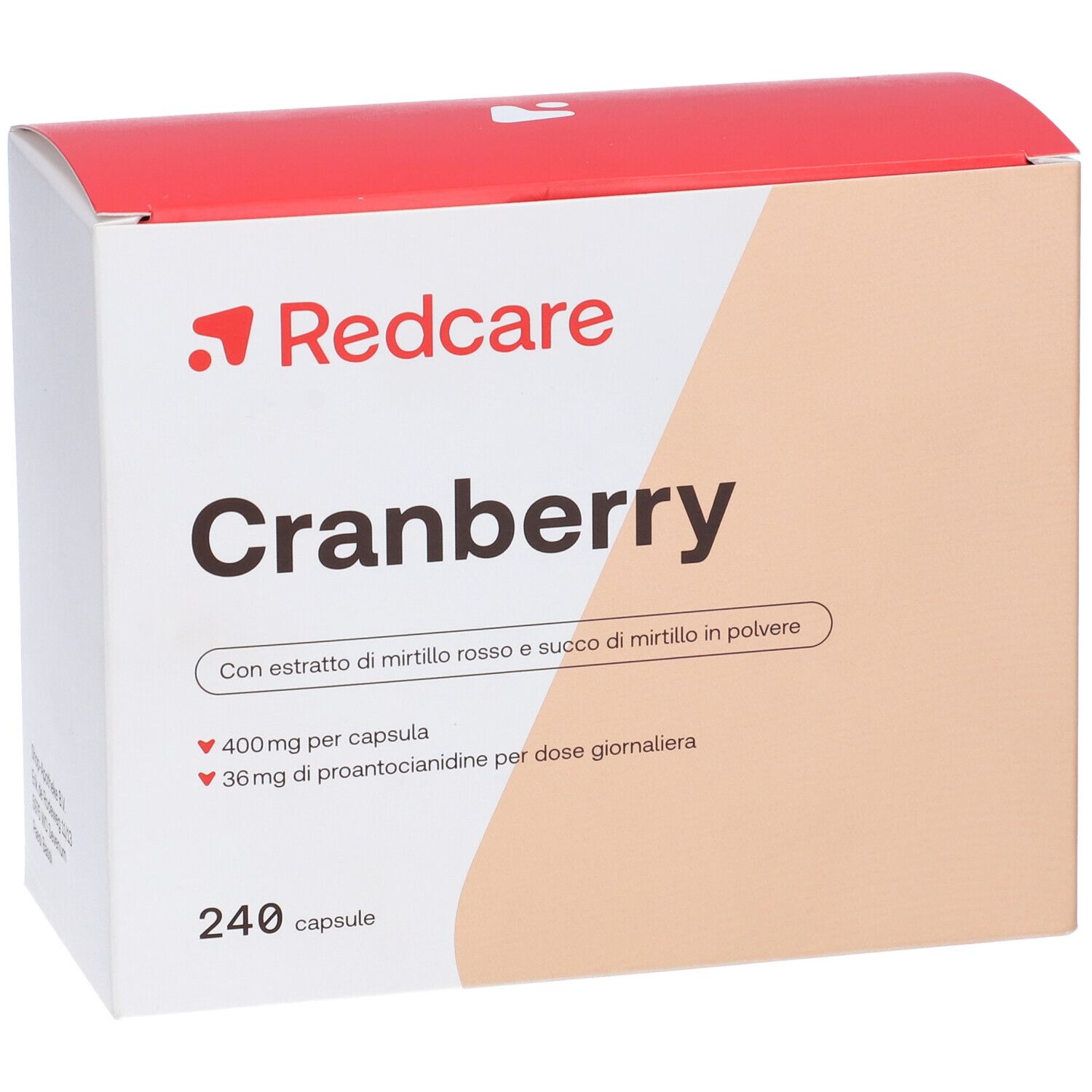 Scatola Redcare Cranberry. Scritta Cranberry, 240 capsule. Contiene estratto di mirtillo rosso.