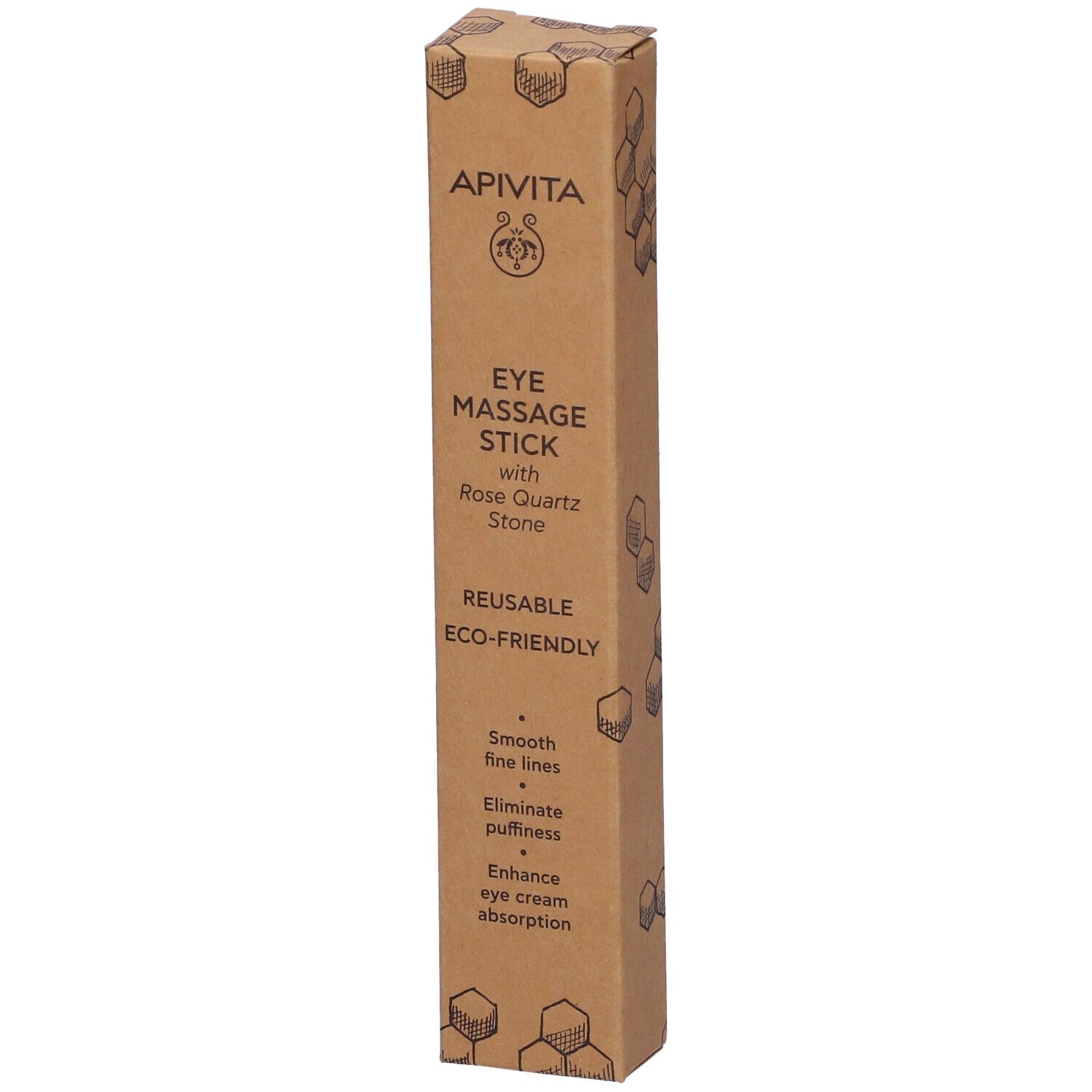Confezione marrone con logo e nome del prodotto. Testo: EYE MASSAGE STICK con pietra di quarzo rosa. Riutilizzabile, ecologico.