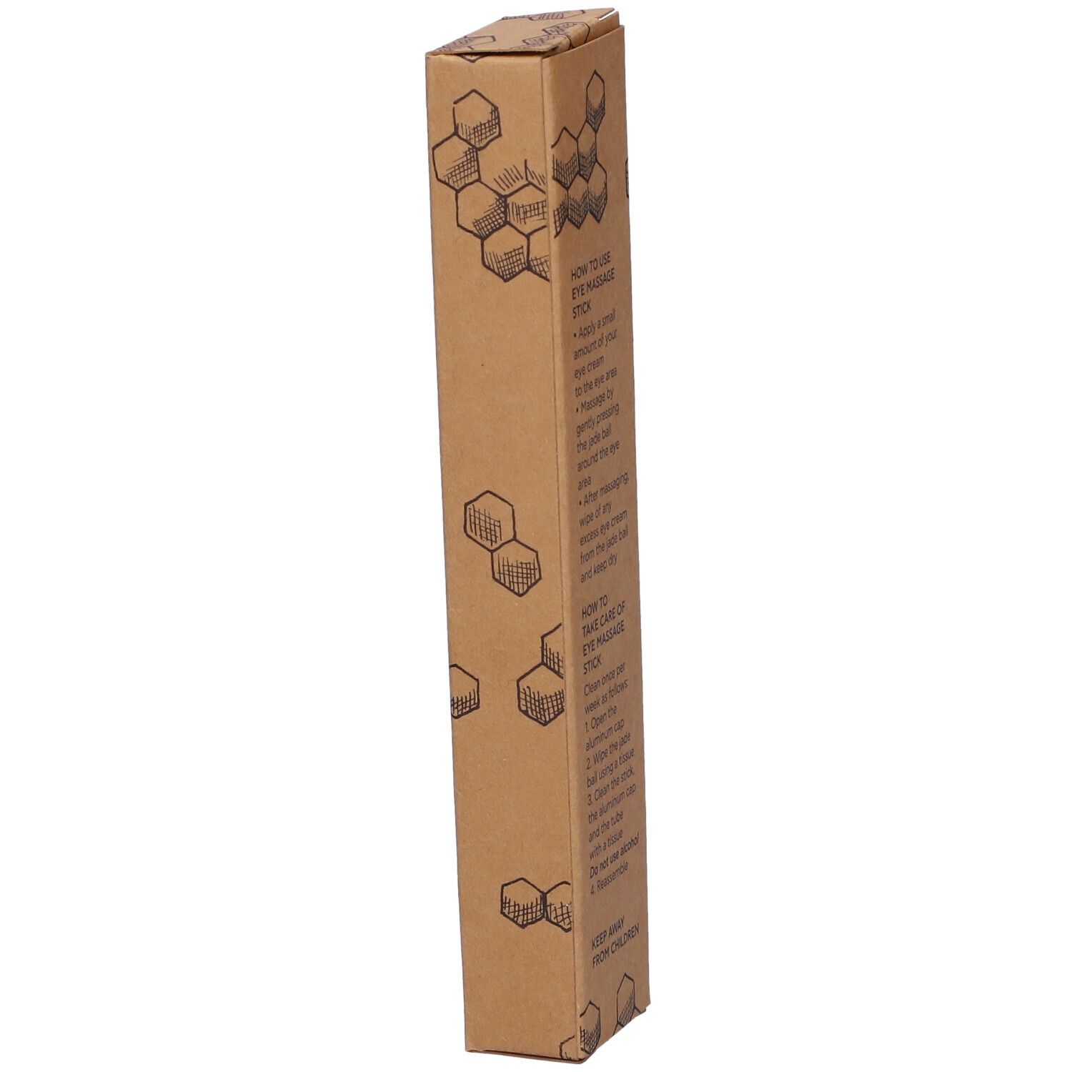 Confezione marrone con testo e illustrazioni. Testo: Uso e cura di EYE MASSAGE STICK. Illustrazioni di favi.