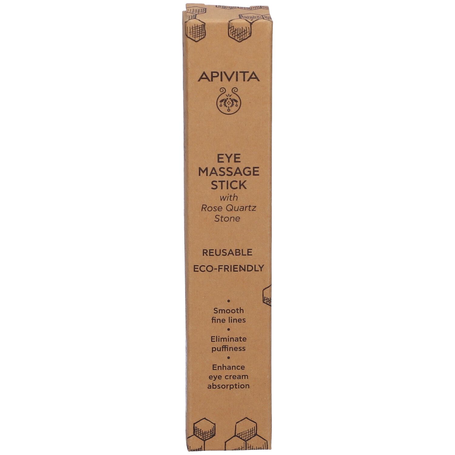 Confezione marrone con logo e nome del prodotto. Testo: EYE MASSAGE STICK con pietra di quarzo rosa. Riutilizzabile, ecologico.
