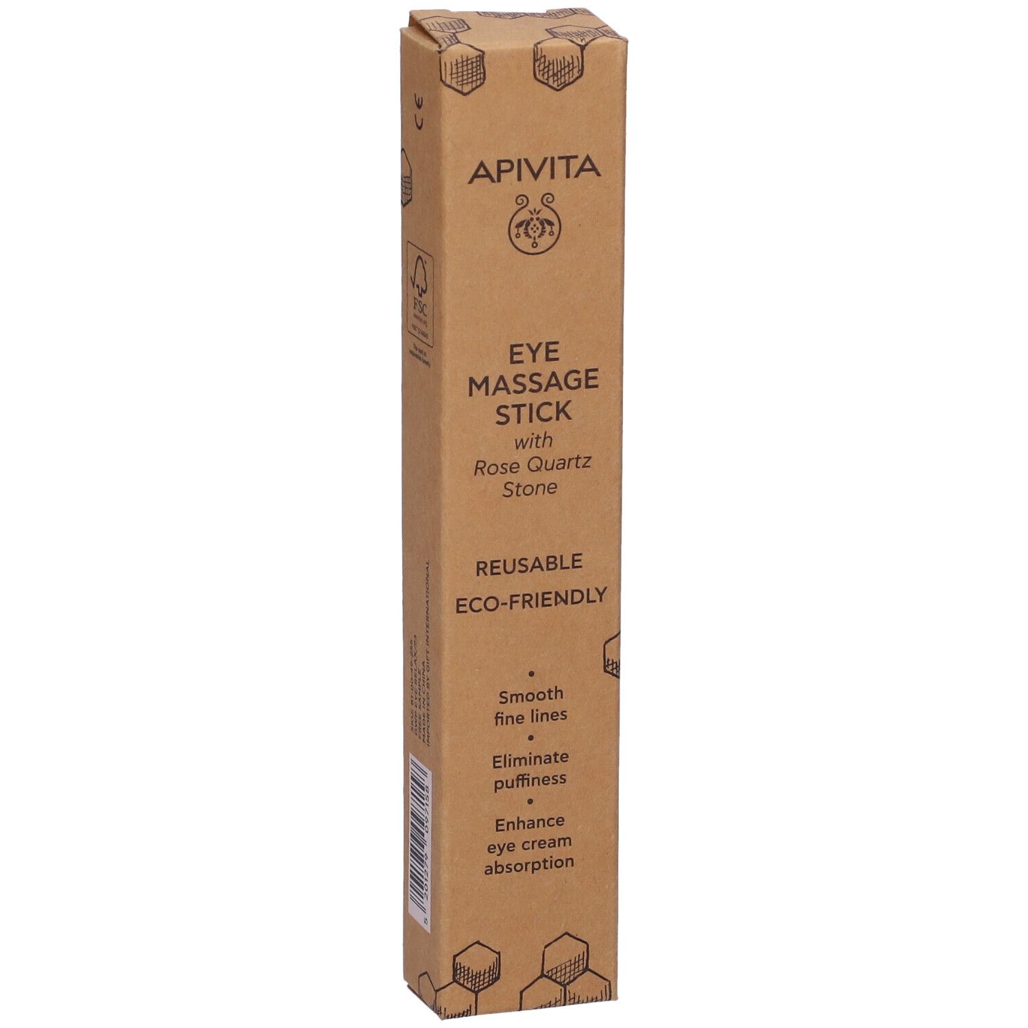 Confezione marrone con logo e nome del prodotto. Testo: EYE MASSAGE STICK con pietra di quarzo rosa. Riutilizzabile, ecologico.