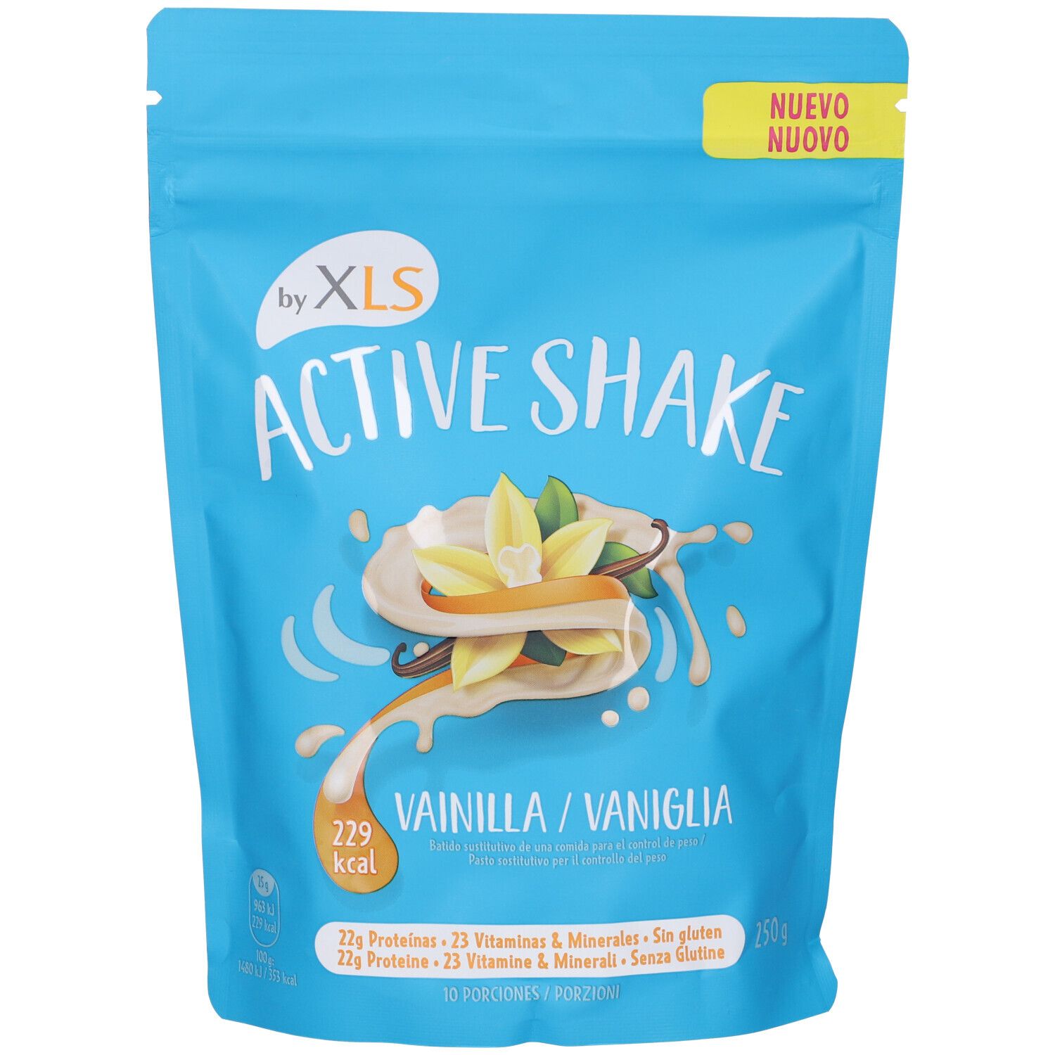 Confezione Active Shake, vaniglia. Scritte: by XLS, Active Shake, 229 kcal, 23 vitamine e minerali, senza glutine. Etichetta: Nuevo.