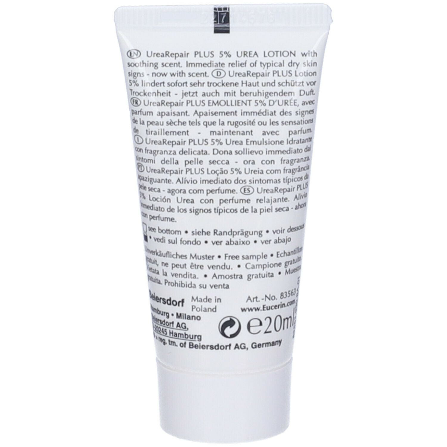 Retro del tubo. Testo multilingue: Eucerin UreaRepair PLUS 5% Urea Lotion. Campione gratuito, vietata la vendita.