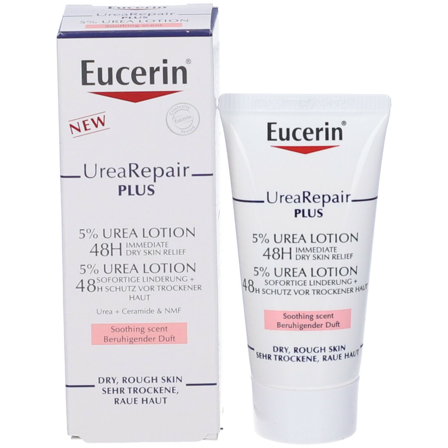 Confezione Eucerin UreaRepair PLUS 5% Urea Lotion e scatola. Scritta: 48H Dry Skin Relief. Nuovo.