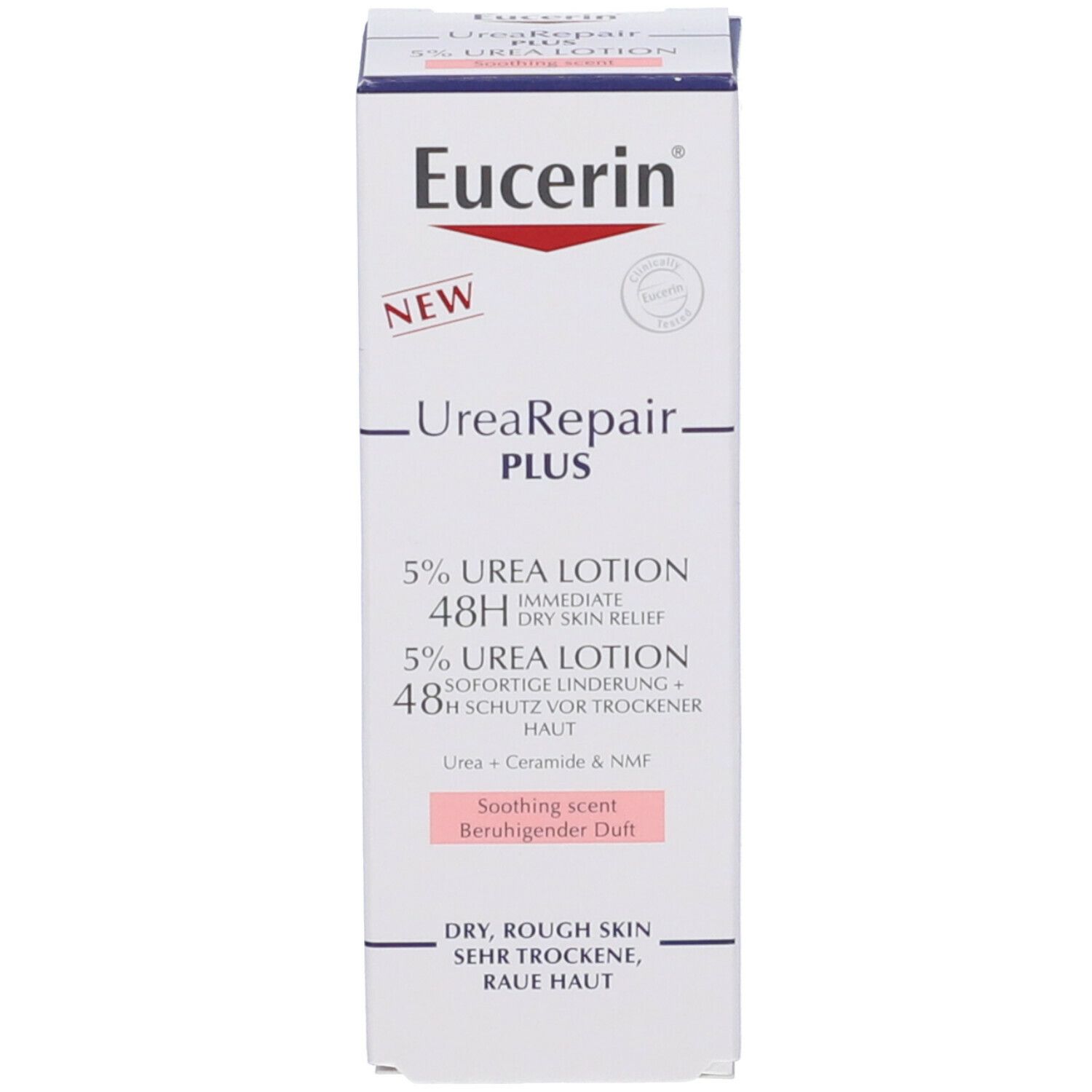 Confezione bianca Eucerin UreaRepair PLUS 5% Urea Lotion. Scritta: 48H Dry Skin Relief. Nuovo.