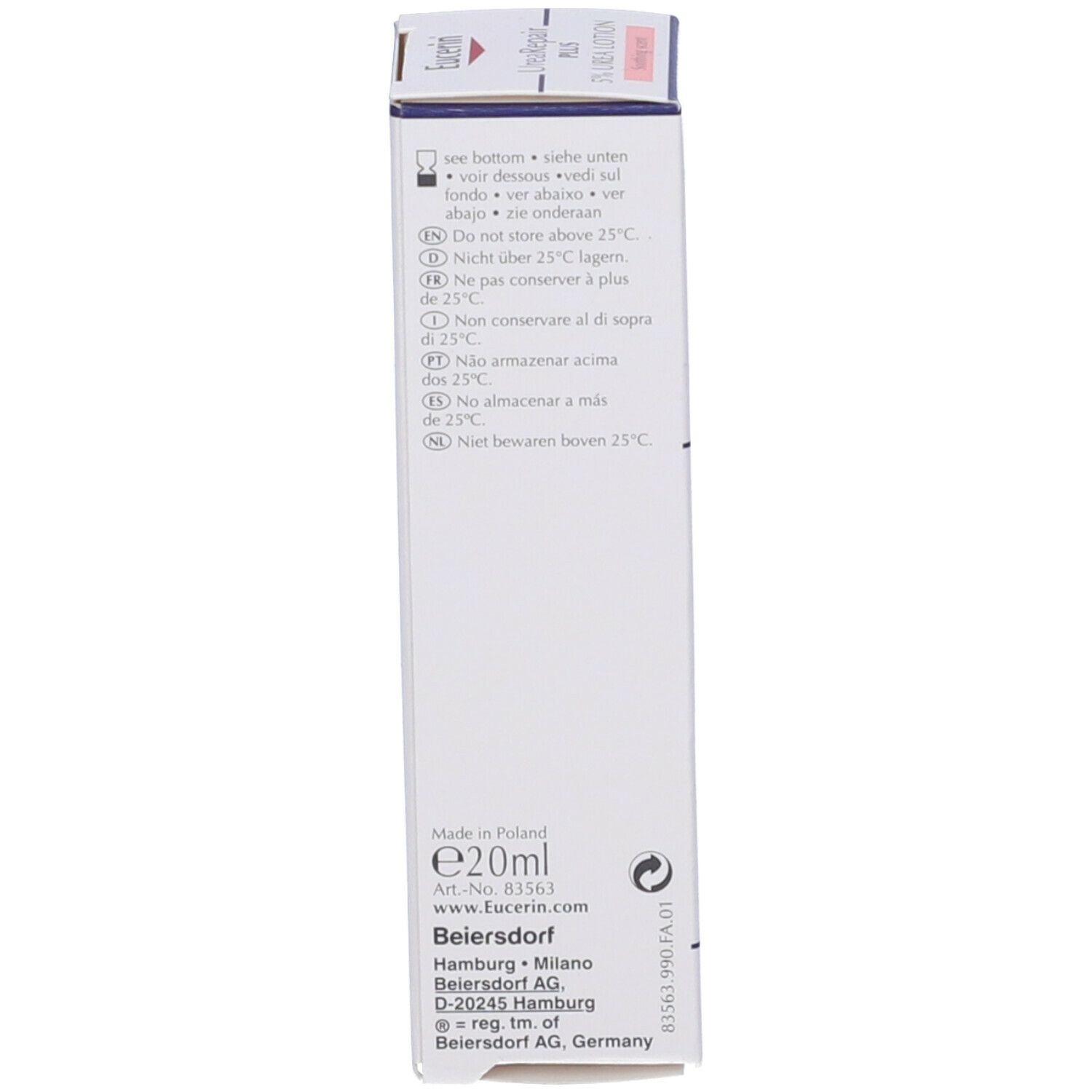 Retro confezione. Testo multilingue: Eucerin UreaRepair PLUS 5% Urea Lotion. Non conservare sopra i 25°C.