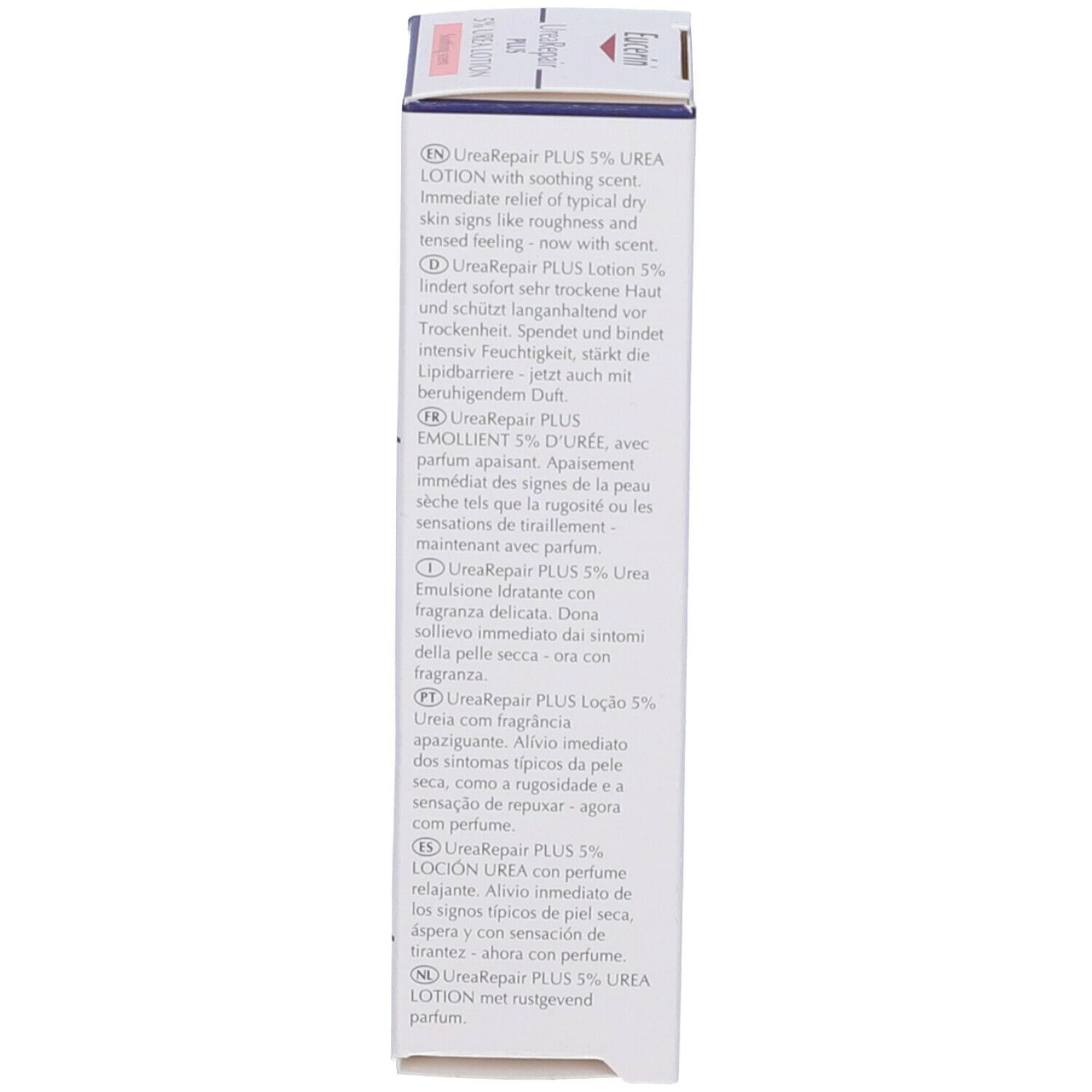 Lato della confezione. Testo multilingue: Eucerin UreaRepair PLUS 5% Urea Lotion. Descrizione.