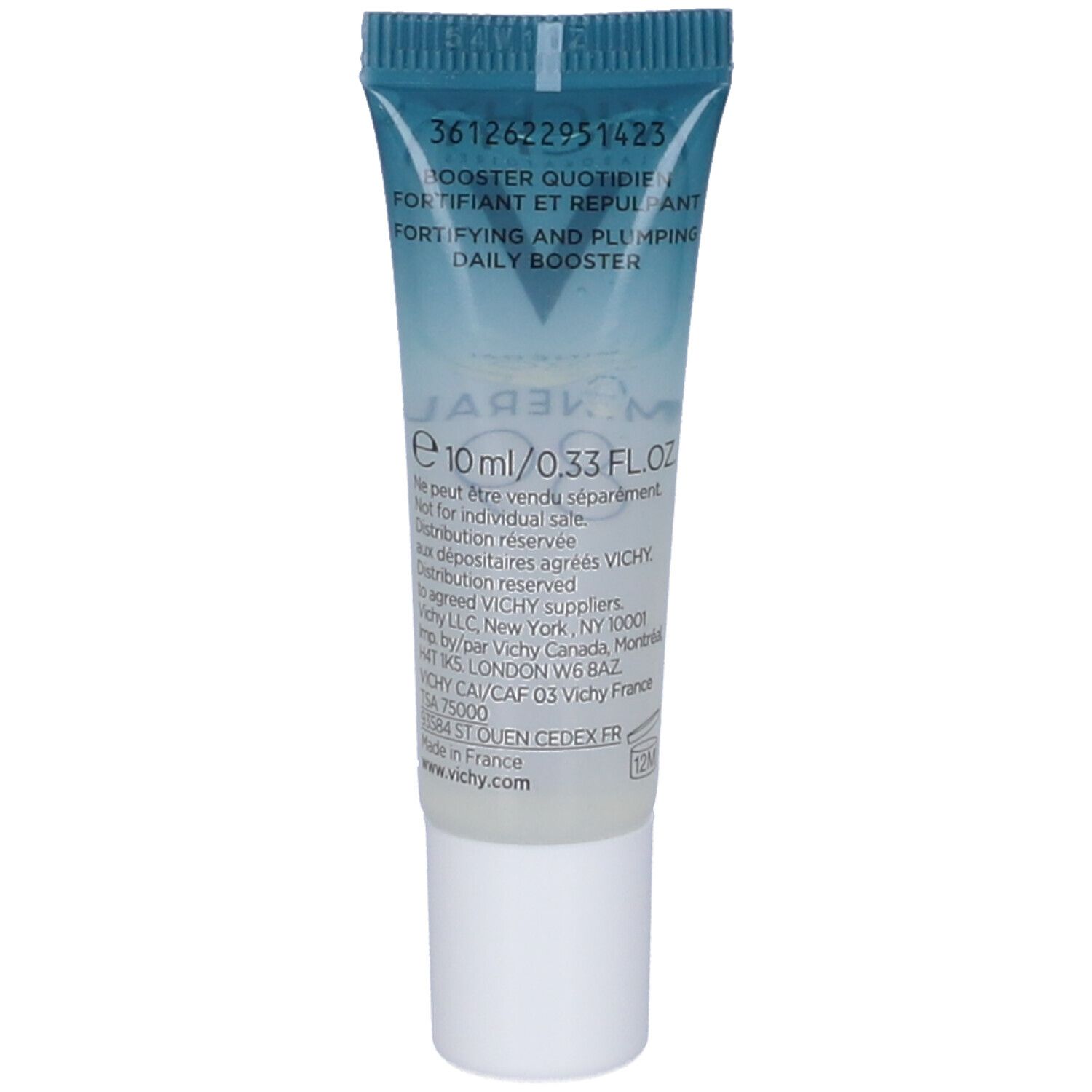 Retro del tubo. Testo: BOOSTER QUOTIDIEN, FORTIFIANT ET REPULPANT, DAILY BOOSTER. Ingredienti, 10 ml.