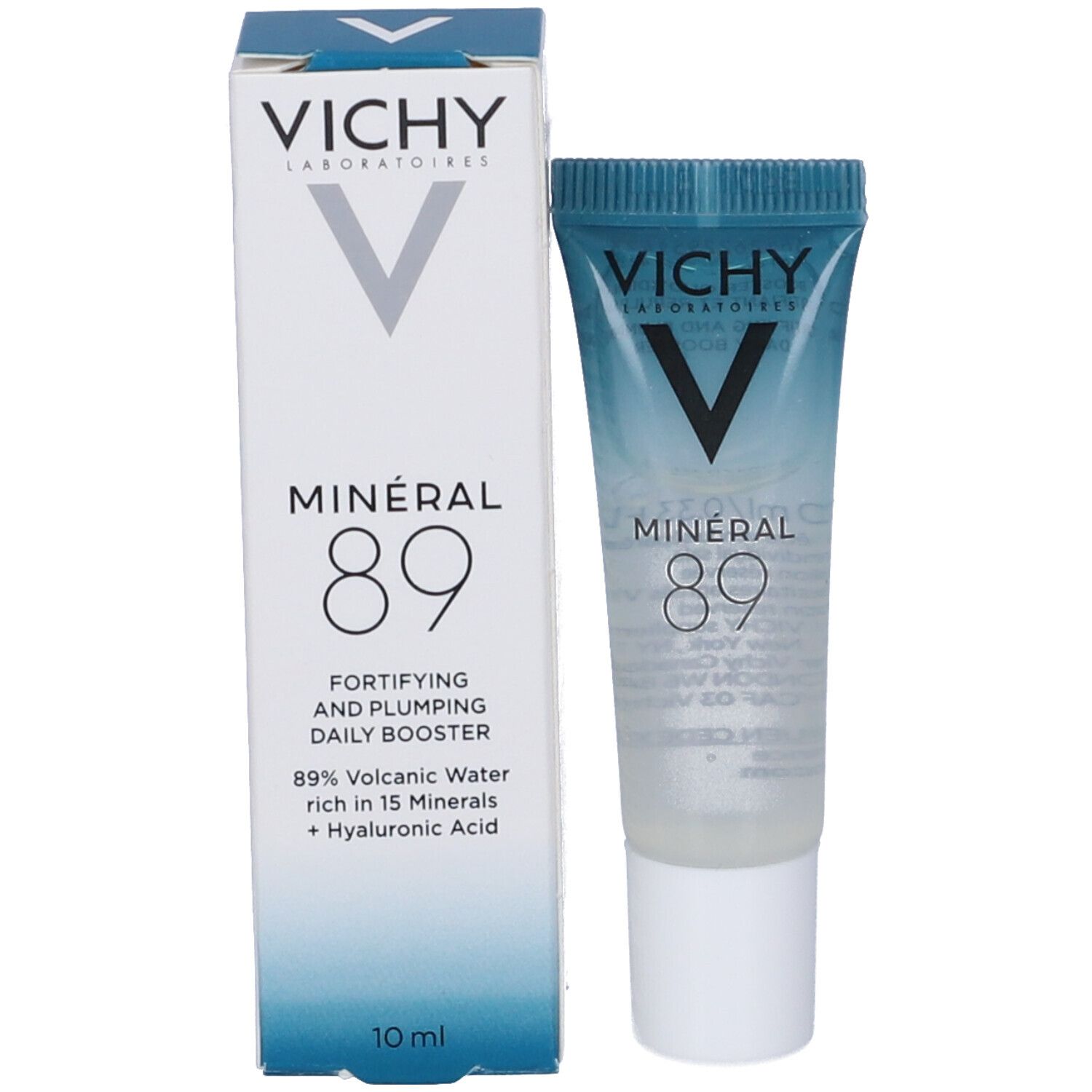 Confezione con tubo. Scritte: VICHY, logo V, MINÉRAL 89, 89. Testo: FORTIFYING AND PLUMPING DAILY BOOSTER.