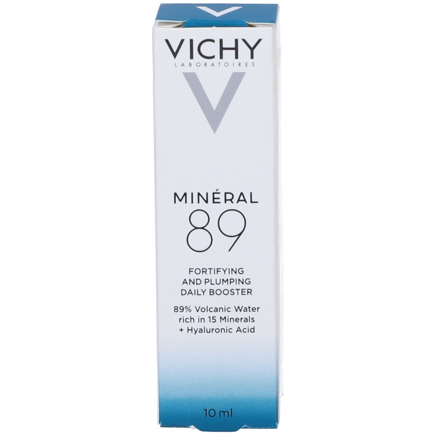 Confezione. Scritte: VICHY, logo V, MINÉRAL 89, 89. Testo: FORTIFYING AND PLUMPING DAILY BOOSTER. 10 ml.