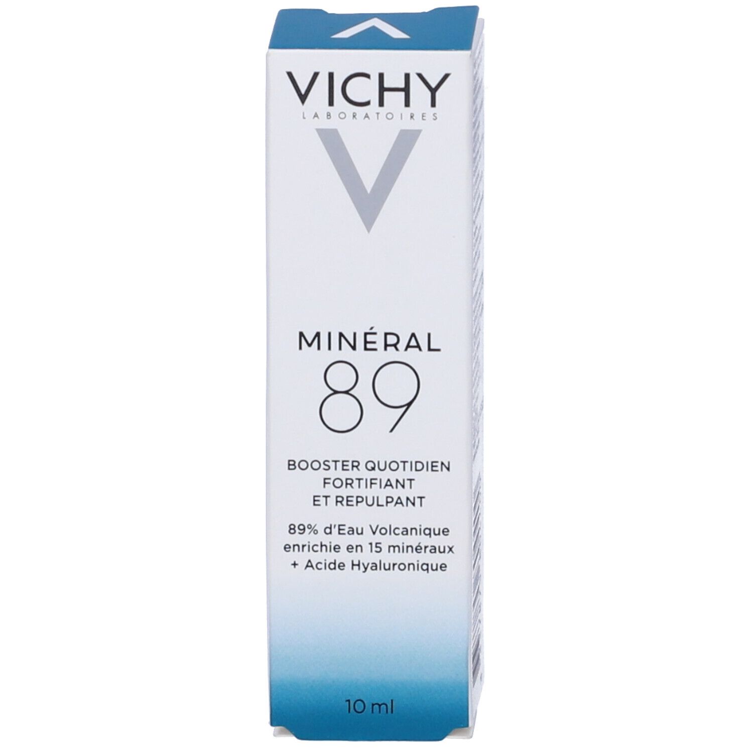 Confezione. Scritte: VICHY, logo V, MINÉRAL 89, 89. Testo: BOOSTER QUOTIDIEN, FORTIFIANT ET REPULPANT. 10 ml.
