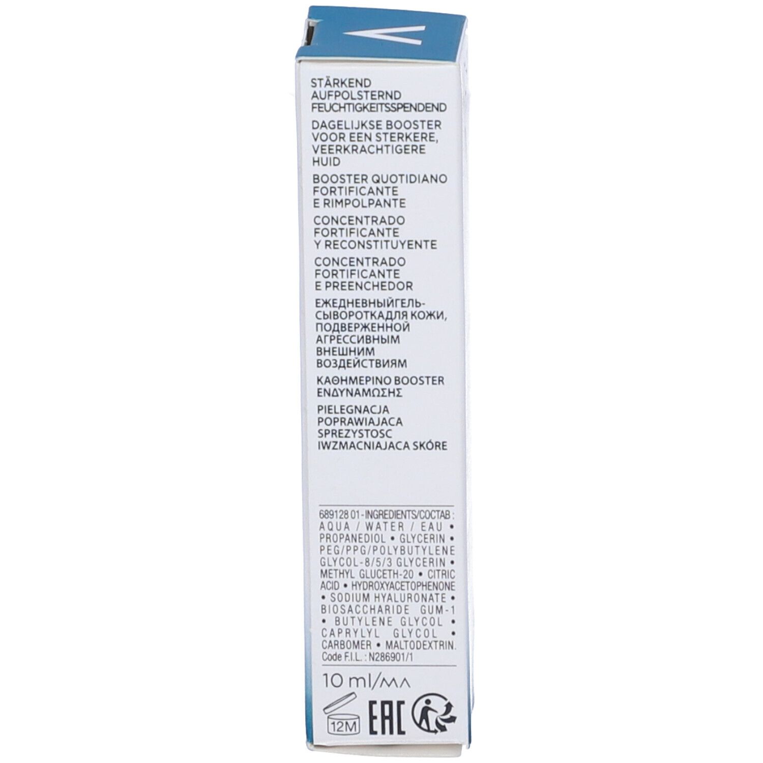 Lato della confezione. Testo multilingue. Ingredienti, 10 ml, codice EAN.