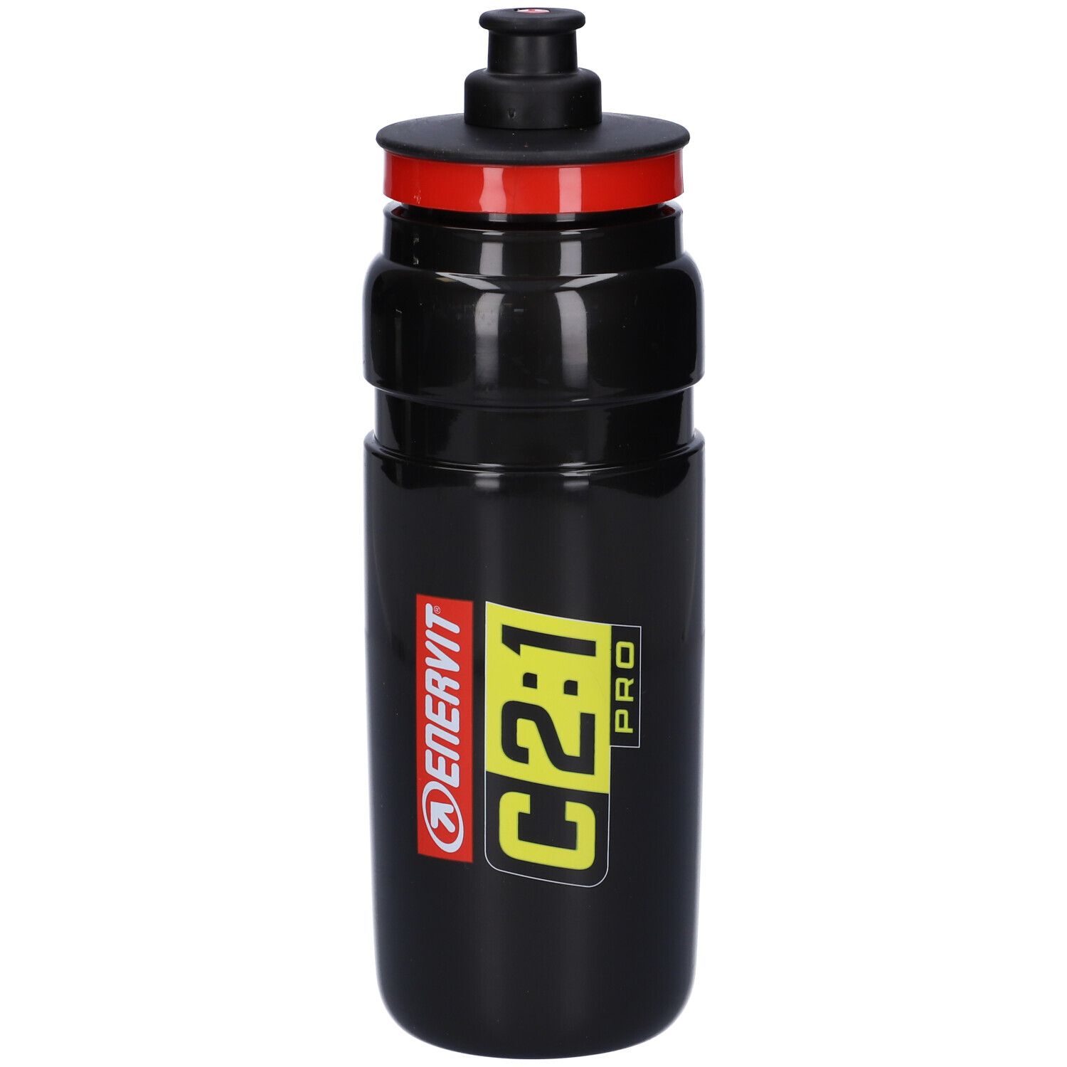 Borraccia nera con tappo rosso. Scritta ENERVIT C2:1 PRO in giallo e bianco. Chiusura nera.