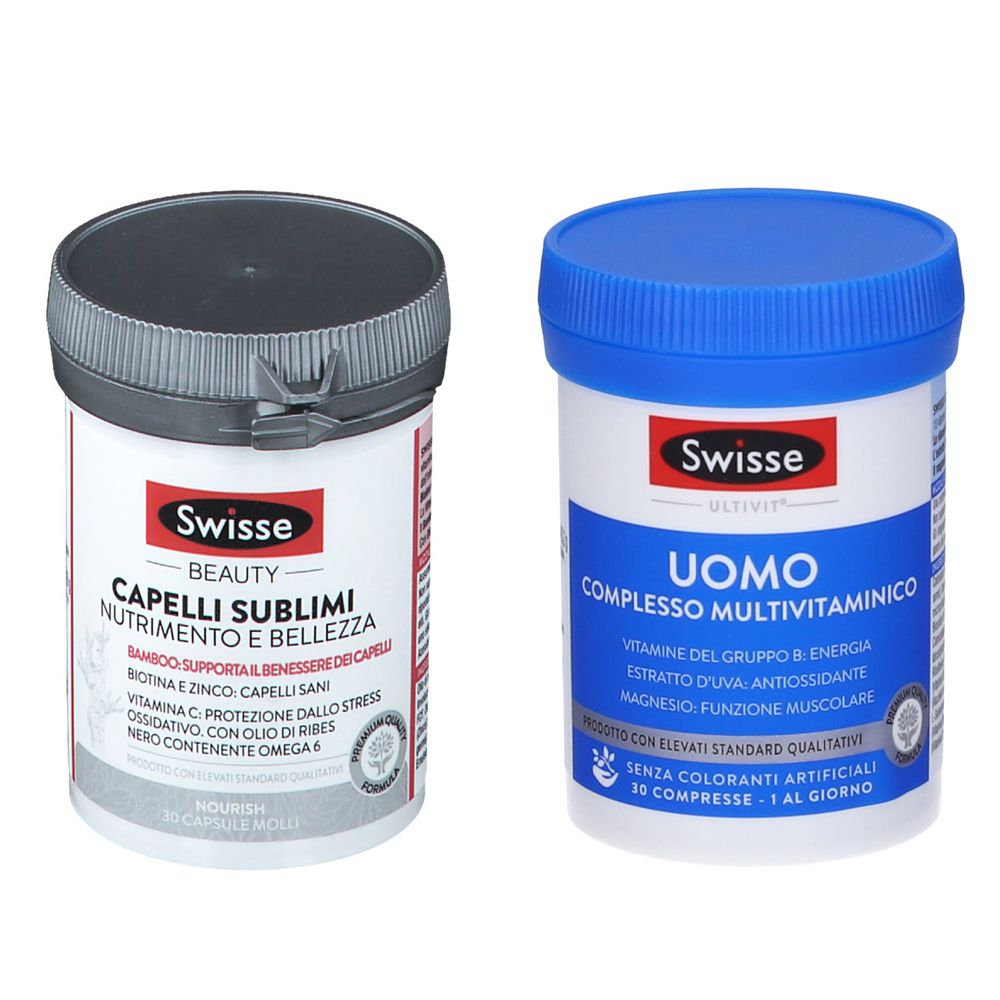 Due confezioni di integratori Swisse. A sinistra: Capelli Sublimi. A destra: Uomo Complesso Multivitaminico. Entrambi con coperchi.
