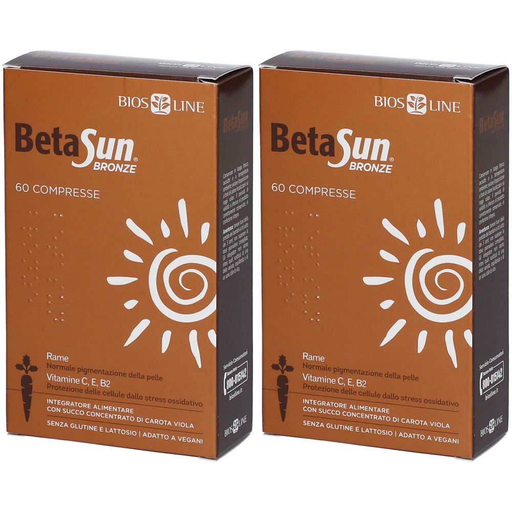 Due scatole marroni con la scritta Beta Sun Bronze. Ogni scatola riporta "60 COMPRESSE".
