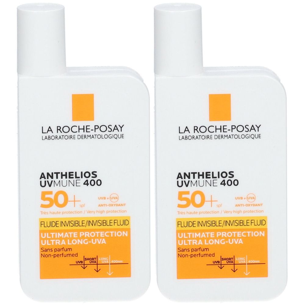 Due flaconi bianchi con dettagli gialli. Scritta: La Roche-Posay, Anthelios UVMUNE 400 50+.