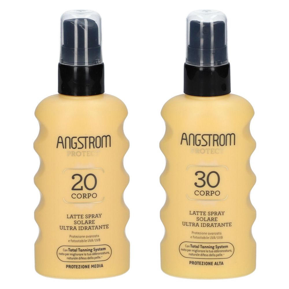 Due spray solari Angstrom Protect. Flaconi beige con tappi neri. Scritte: 20 Corpo e 30 Corpo.