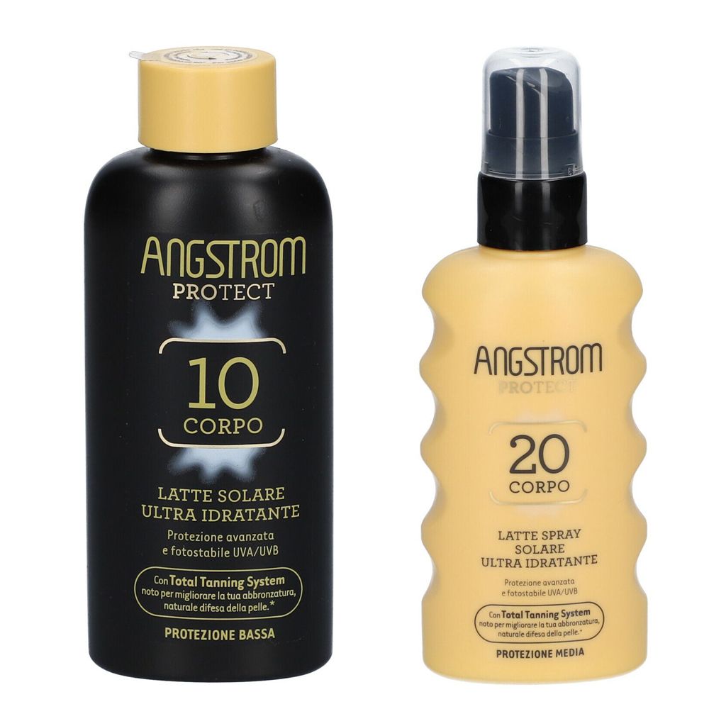 Due flaconi. Un flacone nero con tappo dorato, testo ANGSTROM PROTECT 10 CORPO. Accanto, un flacone giallo con testo ANGSTROM PROTECT 20 CORPO.