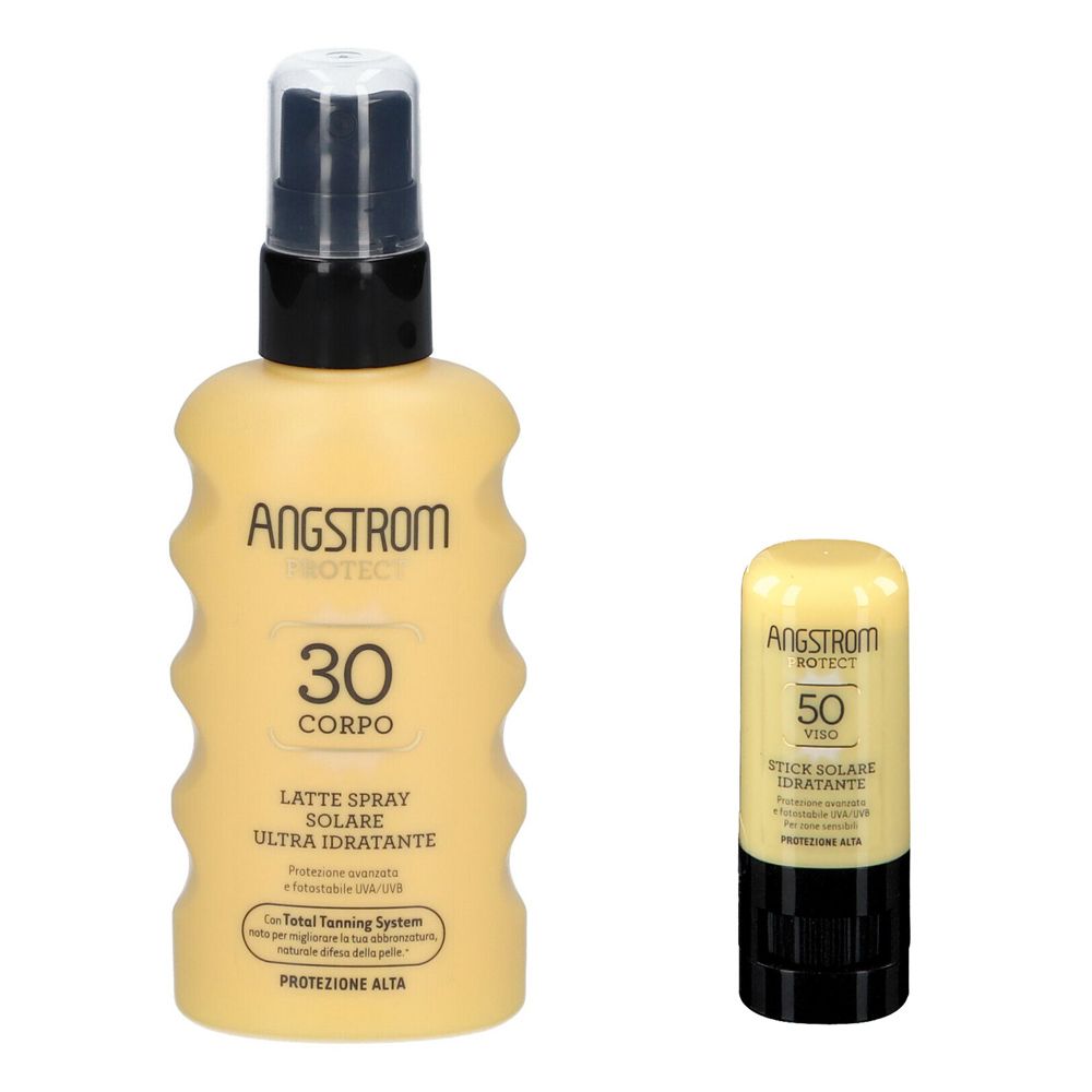 Due prodotti solari Angstrom. Un flacone spray e uno stick. Entrambi i prodotti riportano indicazioni di protezione solare.