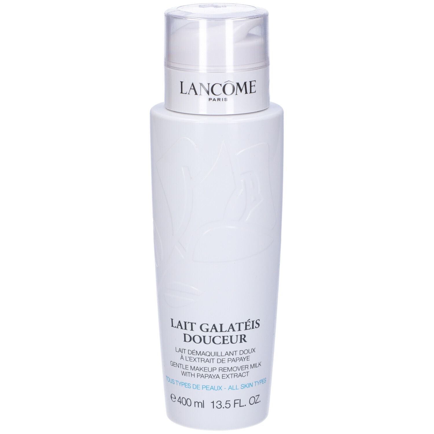 Flacone bianco Lancôme. Lait Galatéis Douceur, latte struccante delicato con estratto di papaya. Per tutti i tipi di pelle.