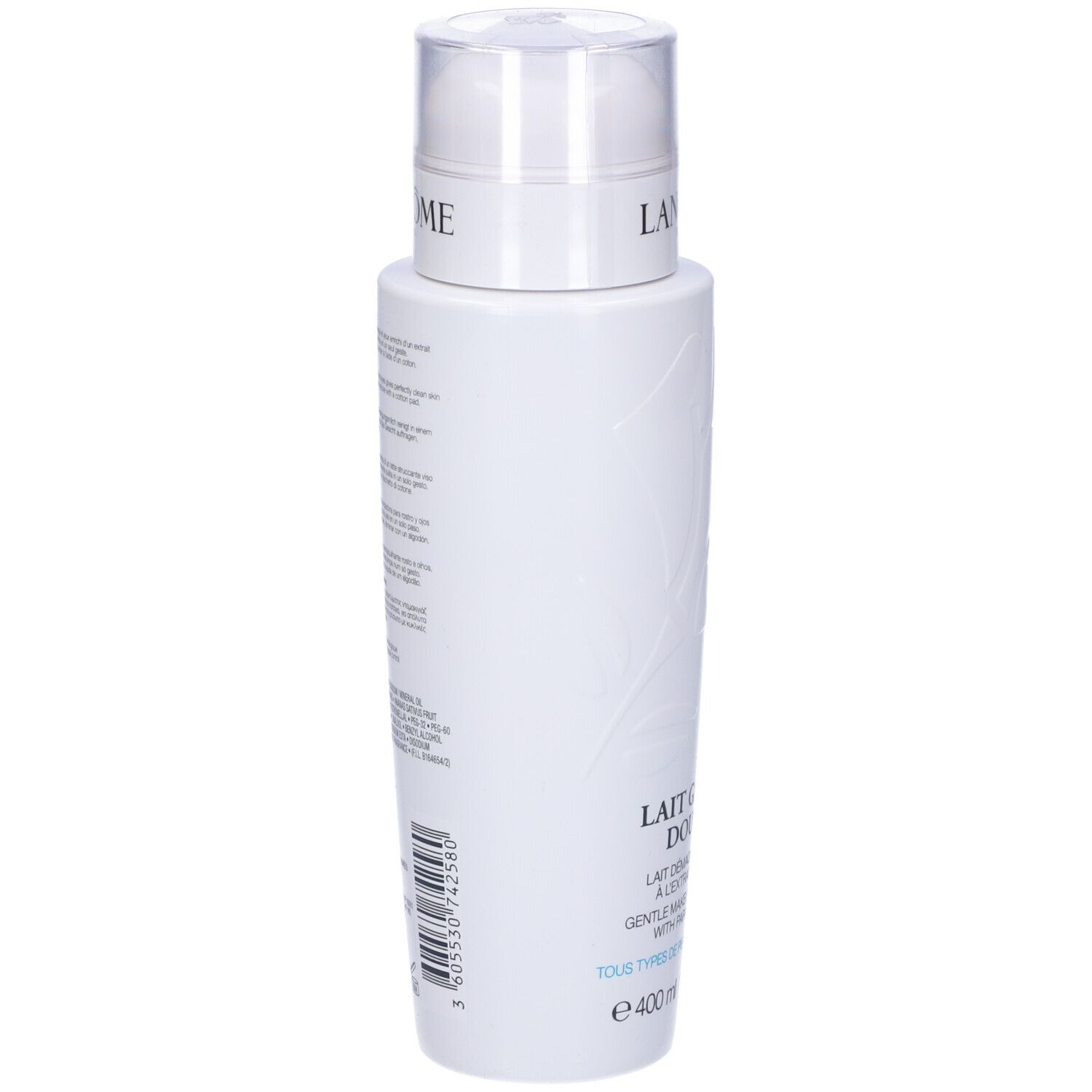 Retro del flacone bianco Lancôme. Informazioni testuali, ingredienti e codice a barre. Per tutti i tipi di pelle.