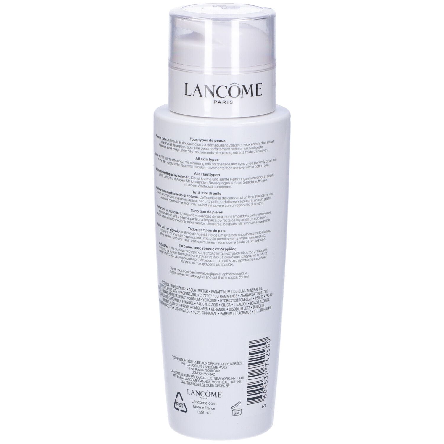 Retro del flacone bianco Lancôme. Informazioni testuali, ingredienti e codice a barre. Per tutti i tipi di pelle.