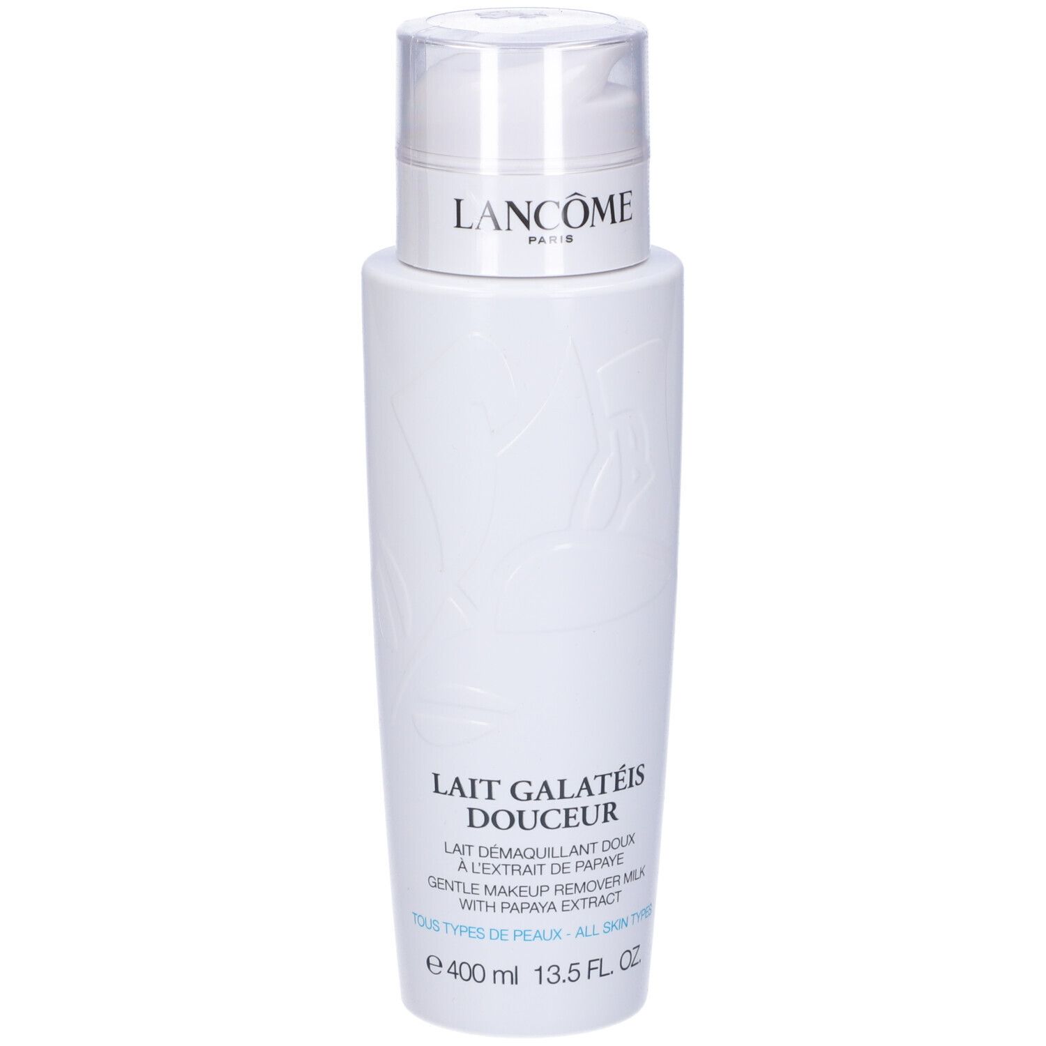 Flacone bianco Lancôme. Lait Galatéis Douceur, latte struccante delicato con estratto di papaya. Per tutti i tipi di pelle.