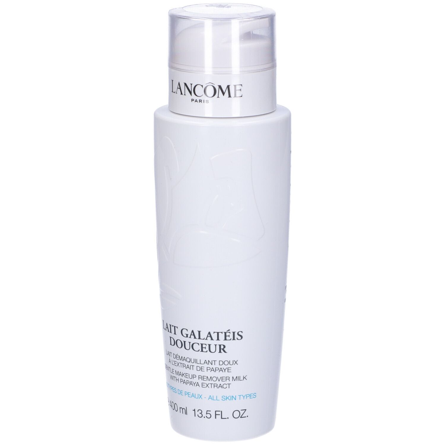 Flacone bianco Lancôme. Lait Galatéis Douceur, latte struccante delicato con estratto di papaya. Per tutti i tipi di pelle.