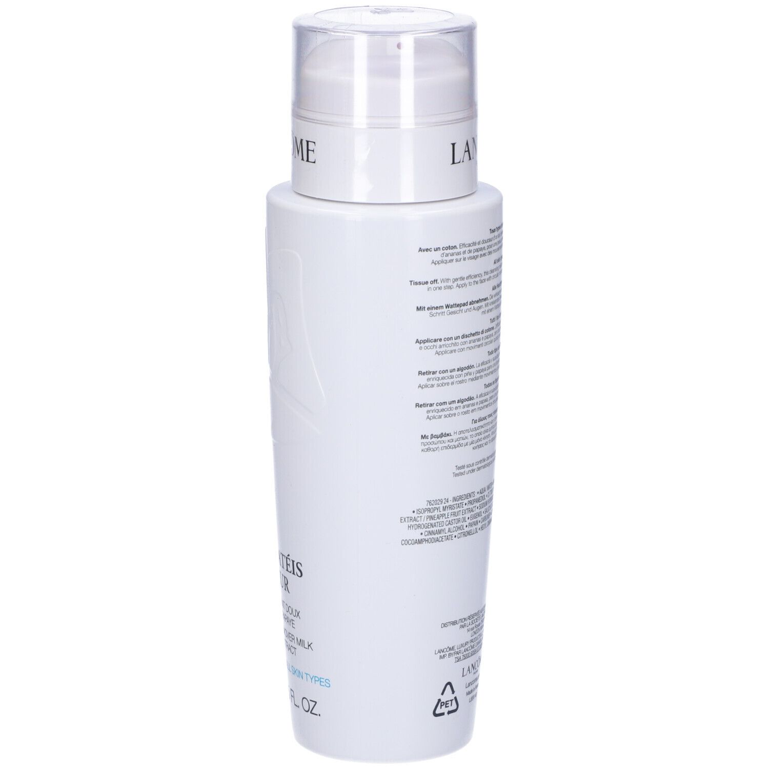 Retro del flacone bianco Lancôme. Informazioni testuali, ingredienti e codice a barre. Per tutti i tipi di pelle.