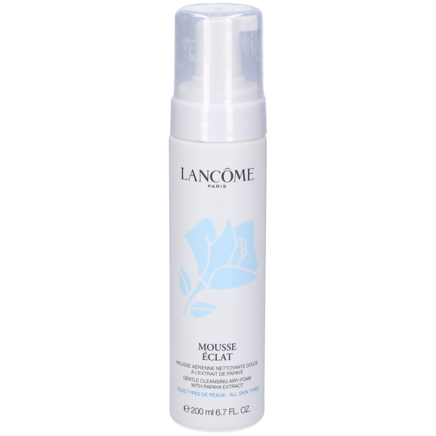 Flacone bianco con erogatore. Scritta: Lancôme Paris, Mousse Eclat. Fiore blu. 200 ml.
