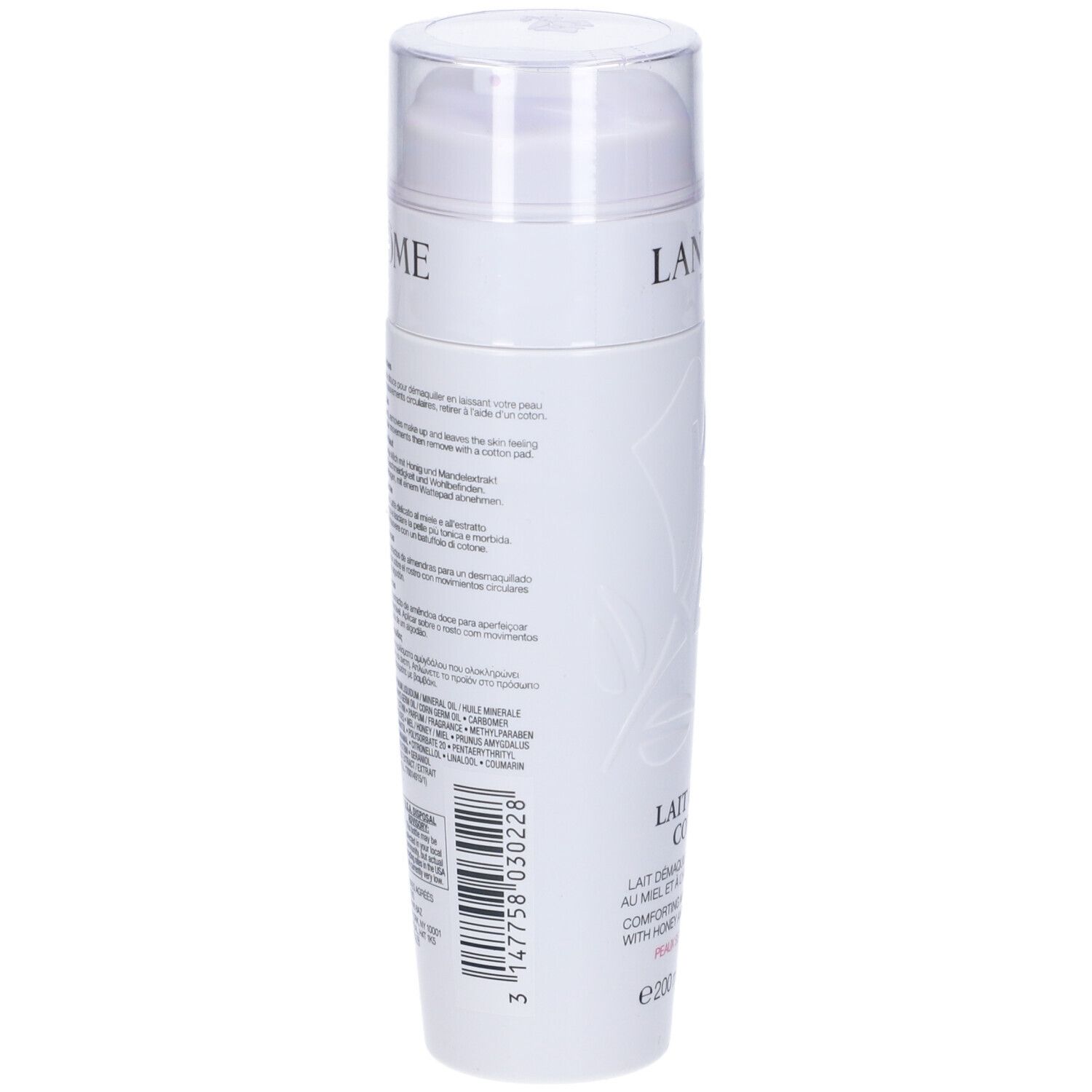 Flacone bianco, retro con testo. Scritta: Lancôme, Lait Galatée Confort. Ingredienti, istruzioni per l'uso.