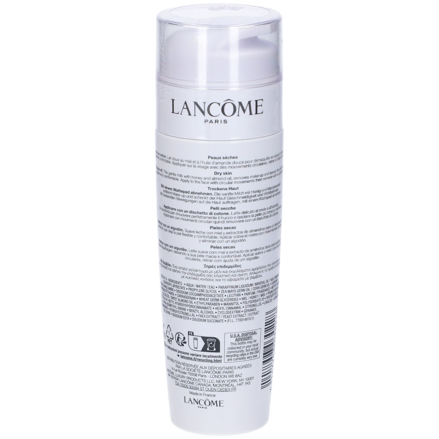 Flacone bianco, retro con testo. Scritta: Lancôme, Lait Galatée Confort. Ingredienti, istruzioni per l'uso.