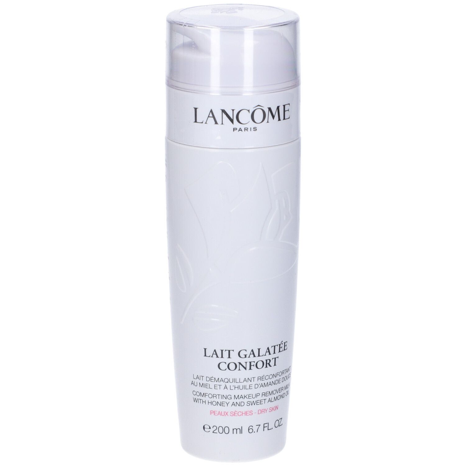 Flacone bianco con dosatore a pompa. Scritta: Lancôme Paris, Lait Galatée Confort. Per pelli secche.