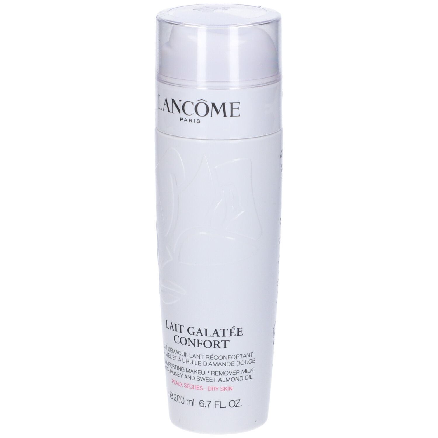 Flacone bianco con dosatore a pompa. Scritta: Lancôme Paris, Lait Galatée Confort. Per pelli secche.