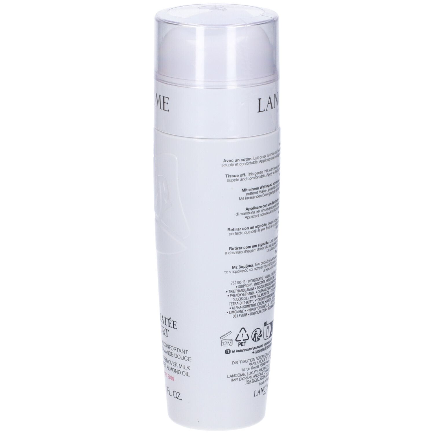 Flacone bianco, retro con testo. Scritta: Lancôme, Lait Galatée Confort. Ingredienti, istruzioni per l'uso.