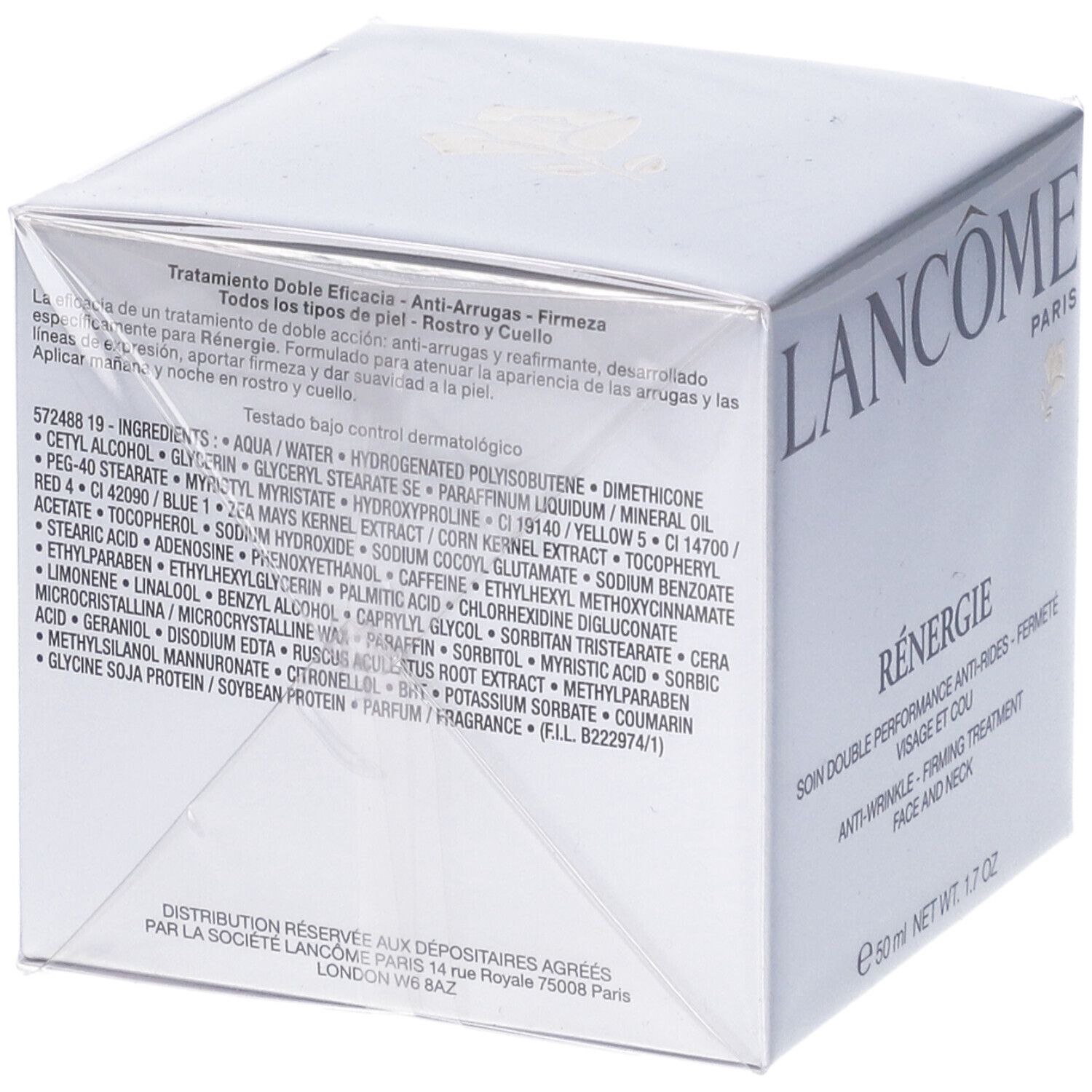 Retro della confezione Lancôme Rénergie. Ingredienti e informazioni sul prodotto. Testato sotto controllo dermatologico.