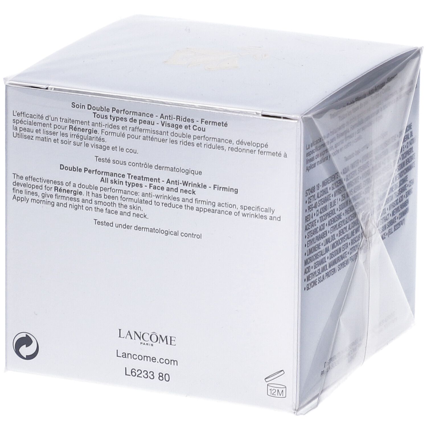 Lato della confezione Lancôme Rénergie. Descrizione e istruzioni per l'uso. Testato dermatologicamente.
