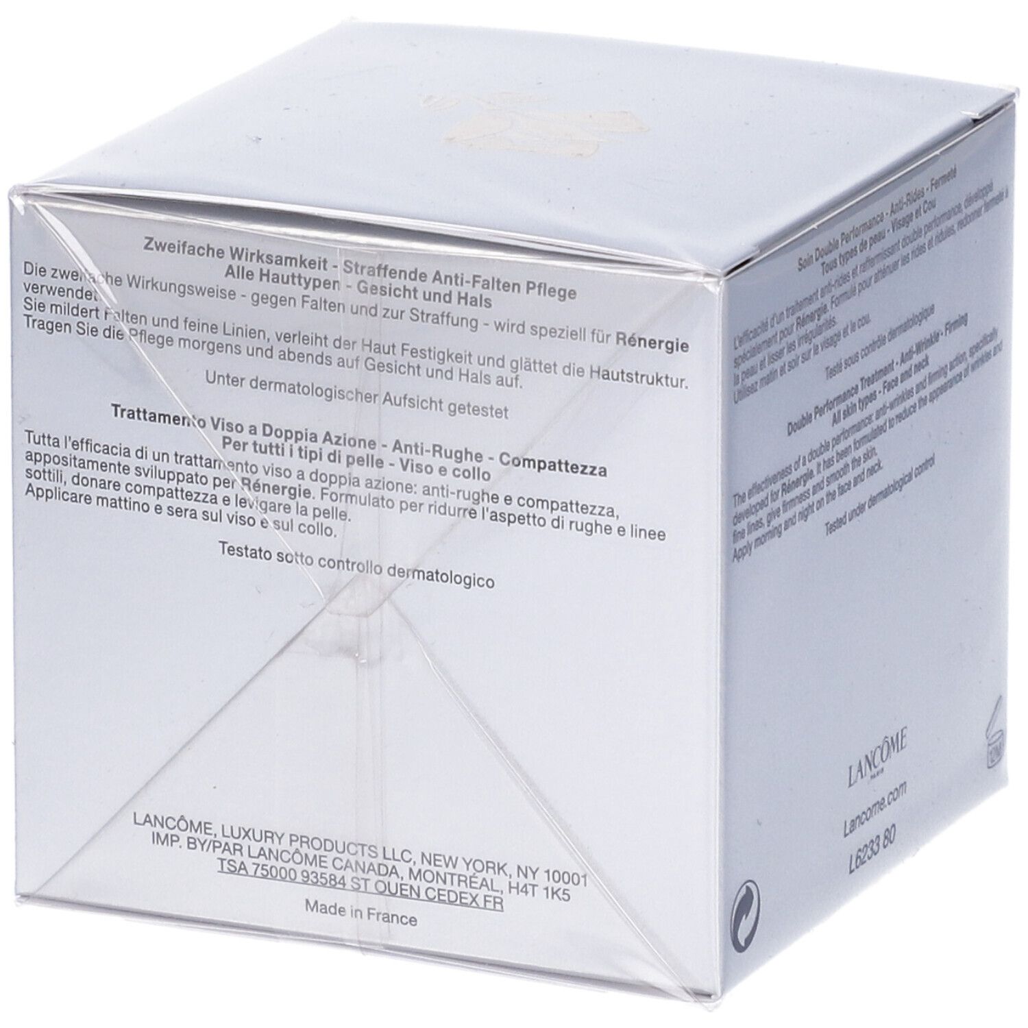 Lato della confezione Lancôme Rénergie. Informazioni sul prodotto in più lingue. Testato dermatologicamente.