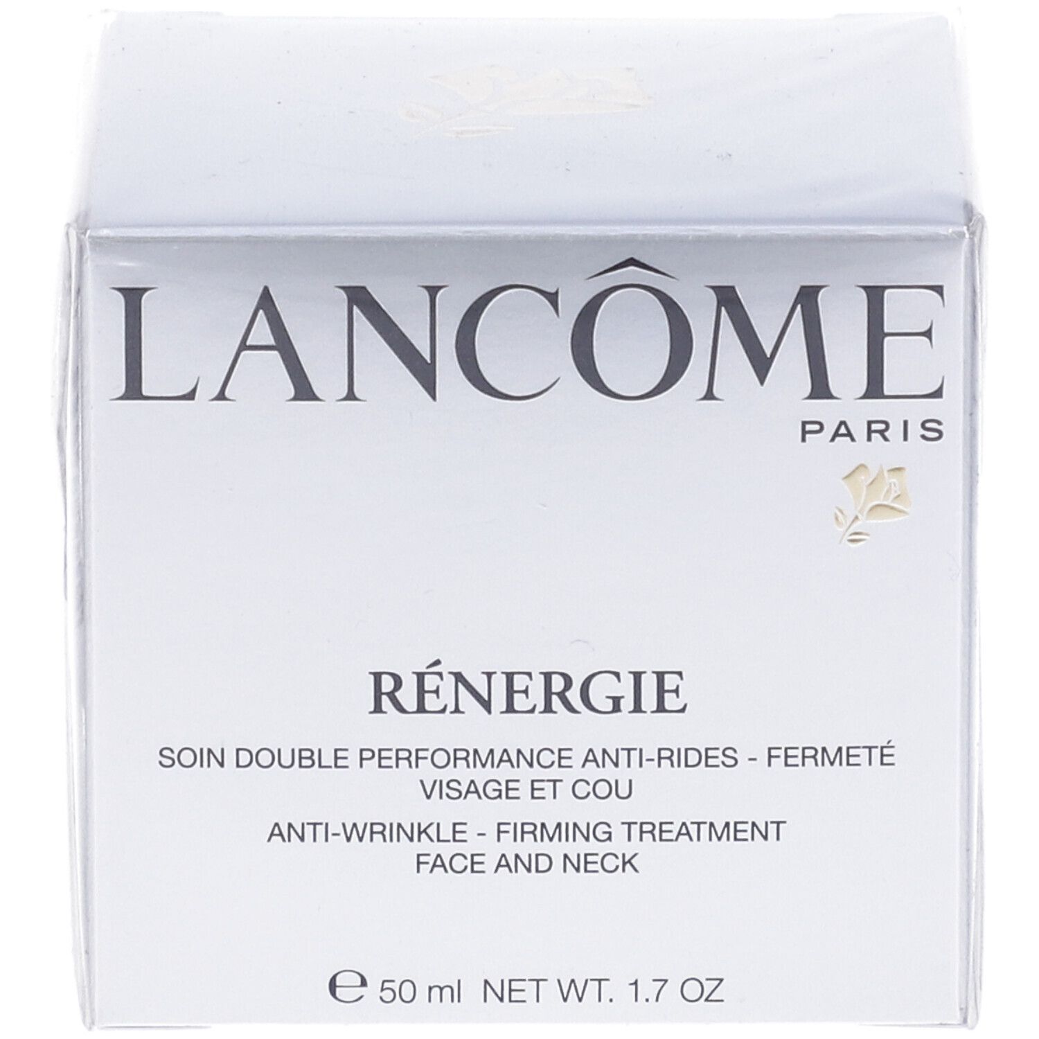 Scatola bianca Lancôme Rénergie. Testo: Trattamento anti-rughe, rassodante viso e collo. Dettagli.