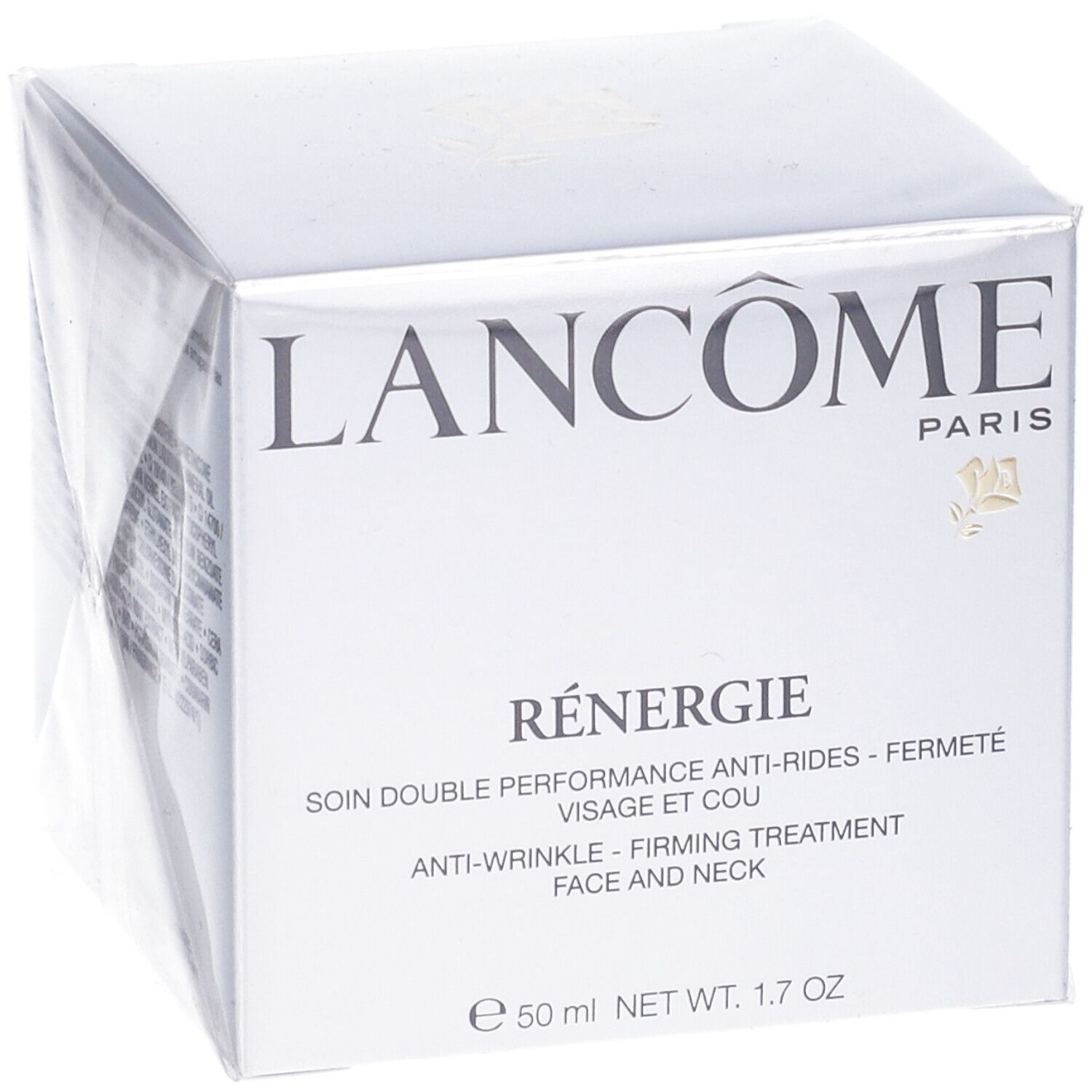 Scatola bianca Lancôme Rénergie. Testo: Trattamento anti-rughe, rassodante viso e collo. Dettagli.