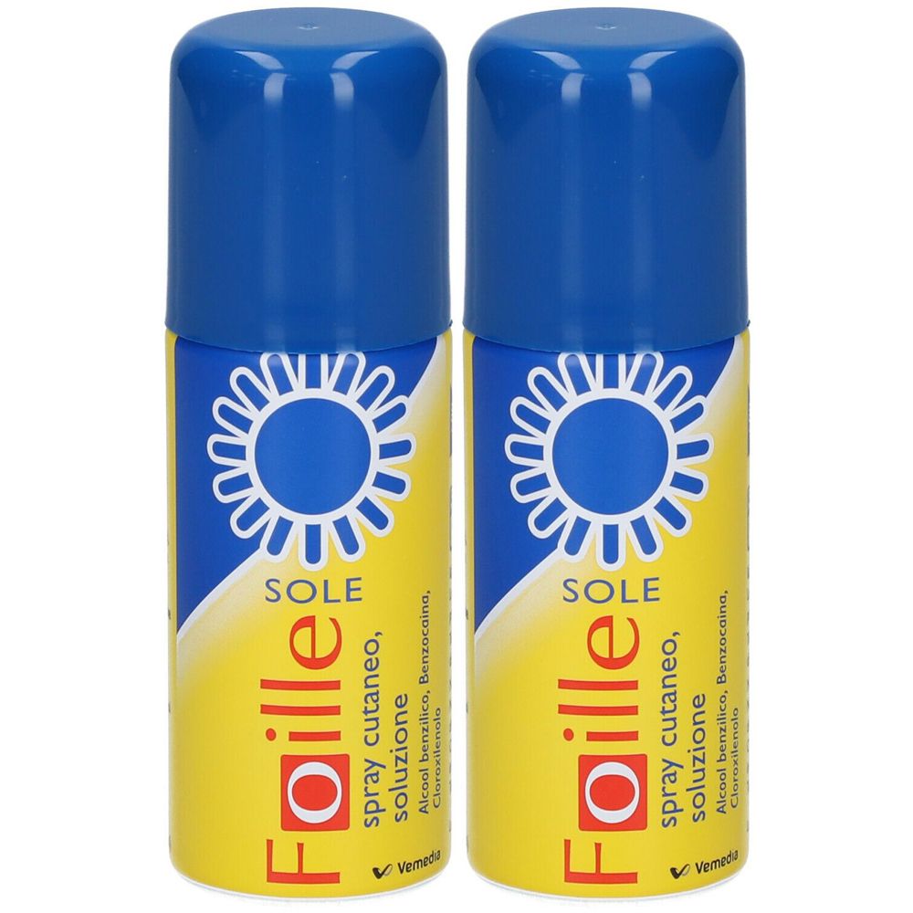 Due spray con tappo blu ed etichetta giallo-blu. Scritta: Foille, Sole, Spray cutaneo, soluzione.