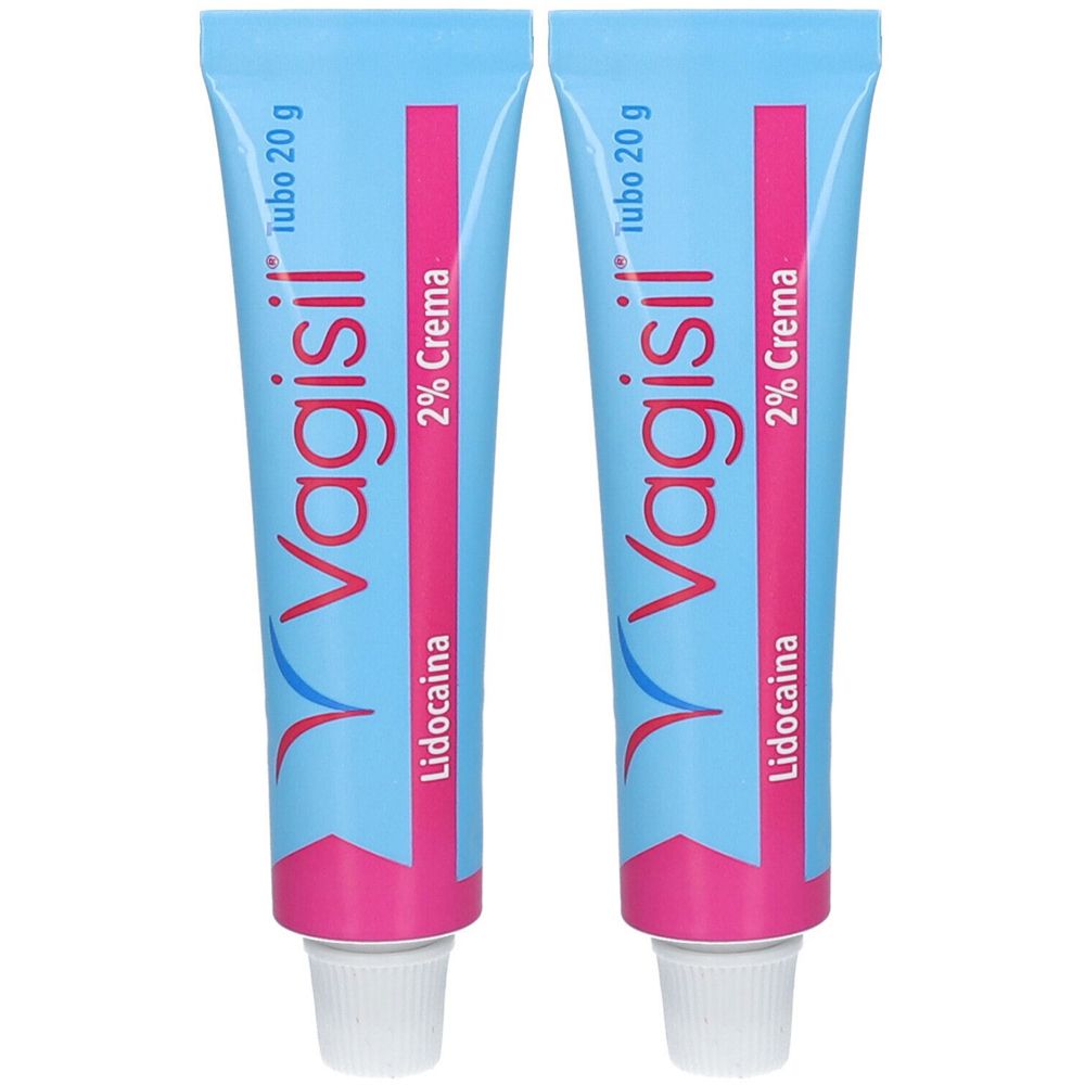Due tubi di crema Vagisil. Tubi azzurri con dettagli rosa. Scritte: Vagisil, 2% Crema, Lidocaina, Tubo 20 g.