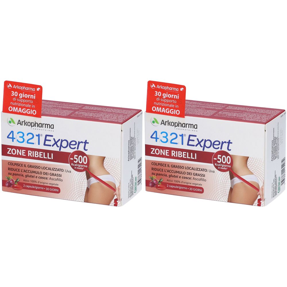 Due confezioni Arkopharma 4321 Expert Zone Ribelli. Scritte: marchio, nome prodotto, -500 calorie, 30 giorni di supporto.